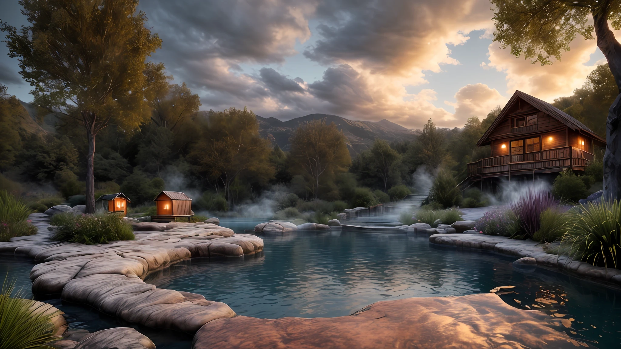 Unparalleled masterpiece, (photorealistic:1.4), best quality, beautiful lighting, (hot spring), (extremely detailed CG unity 8k wallpaper), full shot landscape photo of the most beautiful artwork in the world, cloudy sky background lush landscape house and trees illustration concept art