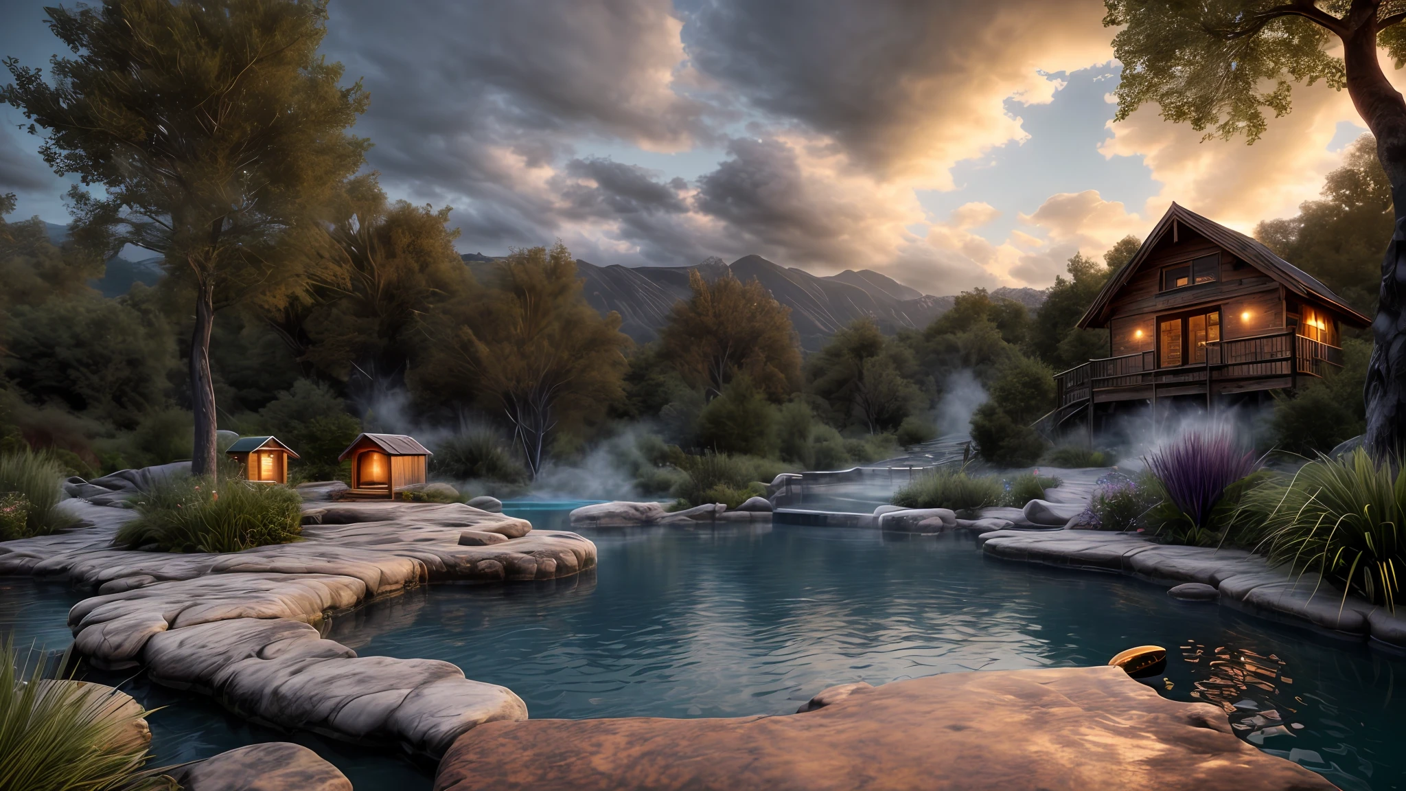 Unparalleled masterpiece, (photorealistic:1.4), best quality, beautiful lighting, (hot spring), (extremely detailed CG unity 8k wallpaper), full shot landscape photo of the most beautiful artwork in the world, cloudy sky background lush landscape house and trees illustration concept art