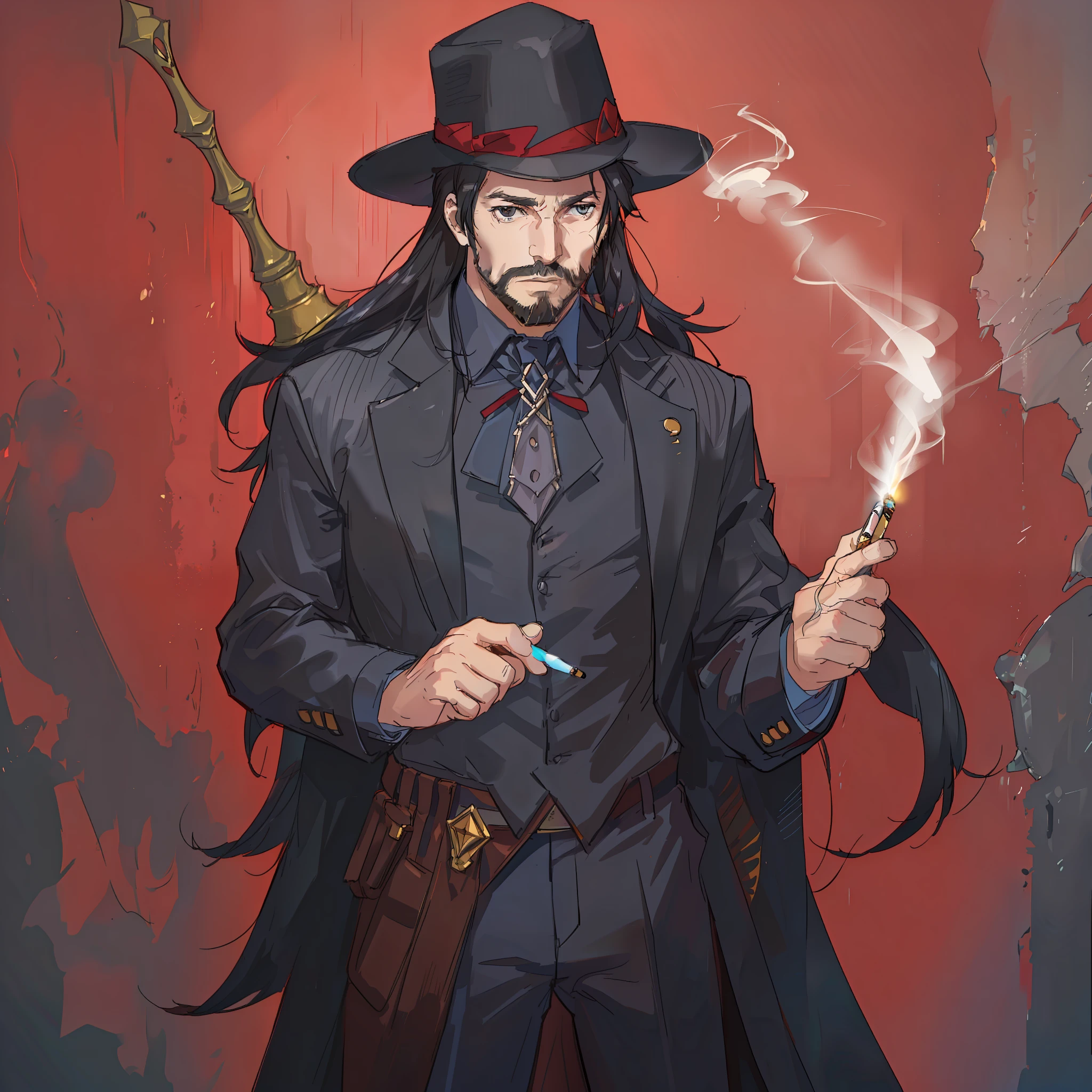 Hübscher bärtiger langhaariger Mann mit einem Paar riesiger Doppelmesser，Gekleidet in ein schwarzes Gothic-Grafen-Outfit，Eine Zigarette anzünden