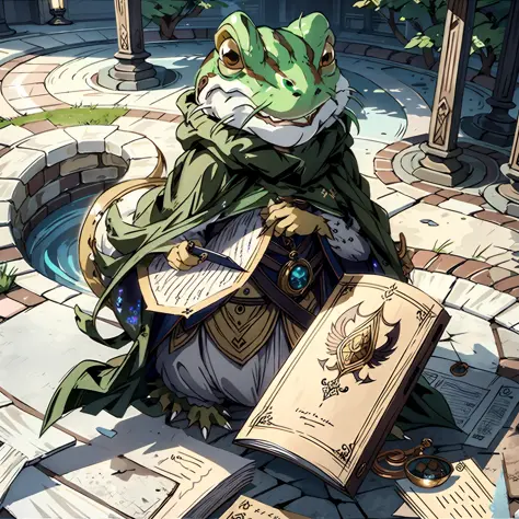 masterpiece, best quality, Cu73Cre4ture, toad wearing a cloak,hood,alchemy, potions,scrolls,drawings, Fantasy aesthetics, Highly...