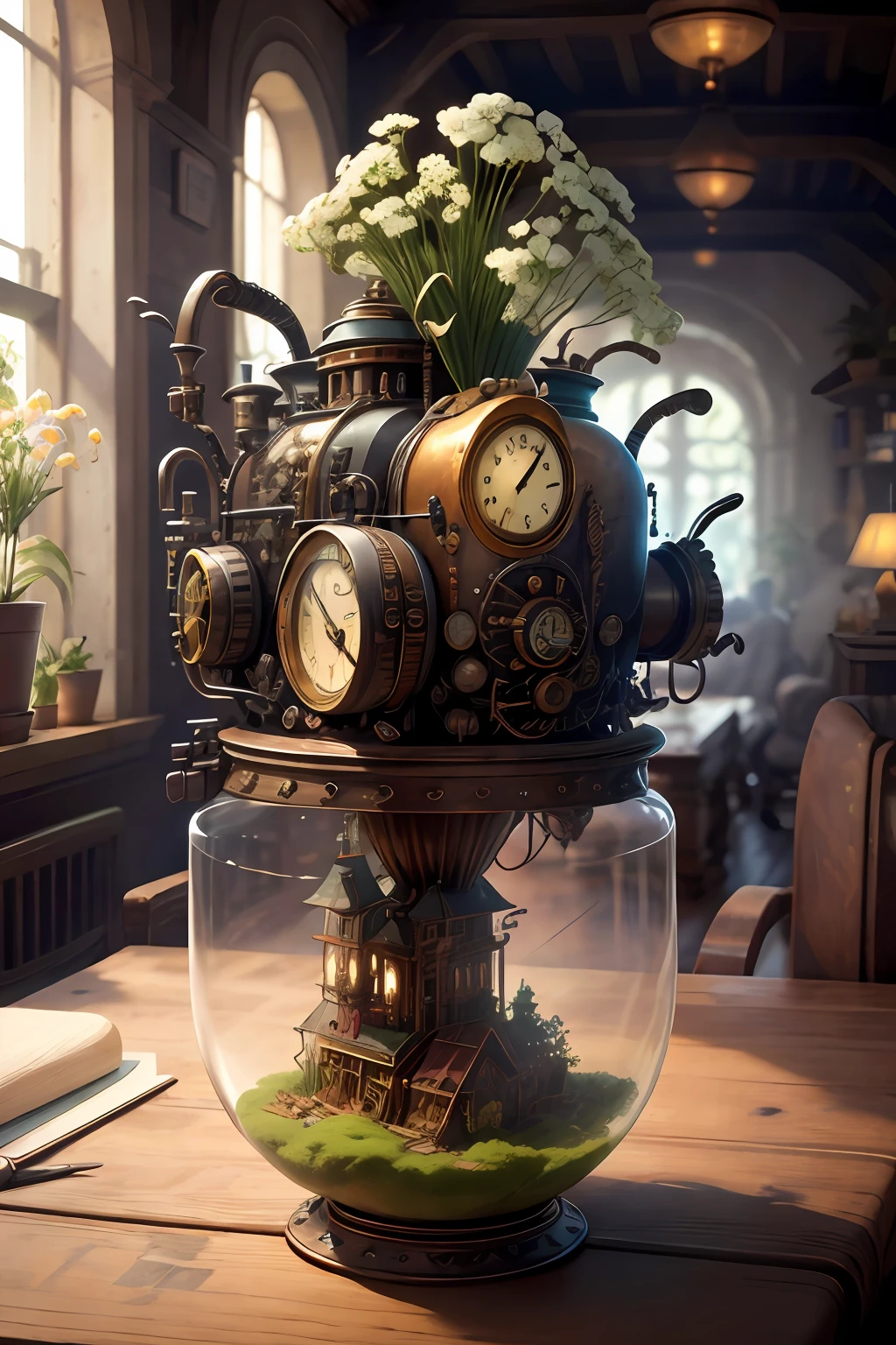 best qualityer, steampunk masterpiece, ultra high nothing, (photo realist: 1.4), Surrealism, dream-like, Gypsophila paniculata florescer em um vaso steampunk, fantasy creature, steampunkai,