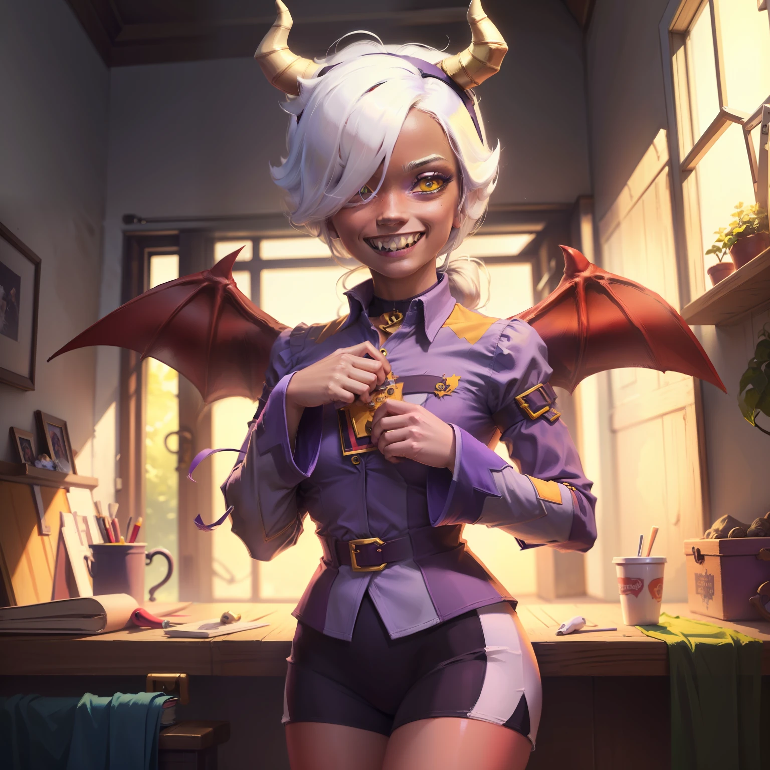 (masterpiece, best quality:1.2), cowboy shot, solo, 1girl, colette, colored skin, red skin, sharp teeth, grin, looking at viewer, white hair, hair over one eye, horns, yellow eyes, purple shirt, purple shorts, demon wings