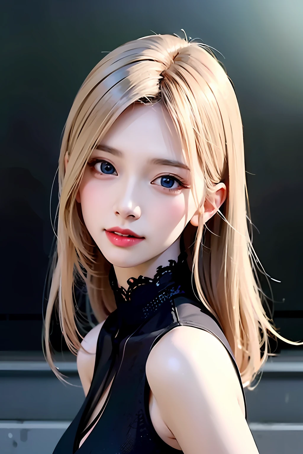 blond woman with blue eyes and a black dress posing for a picture, Guviz-style artwork, inspired by Yanjun Cheng, Kawaii realistic portrait, author：yanjun cheng, Guviz, Stunning anime face portrait, Realistic. Cheng Yi, Realistic art style, 🤤 girl portrait, Realistic digital painting, Realistic cute girl painting, IG model | Art germ