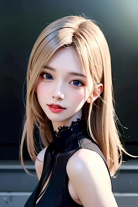 blond woman with blue eyes and a black dress posing for a picture, Guviz-style artwork, inspired by Yanjun Cheng, Kawaii realistic portrait, author：yanjun cheng, Guviz, Stunning anime face portrait, Realistic. Cheng Yi, Realistic art style, 🤤 girl portrait...
