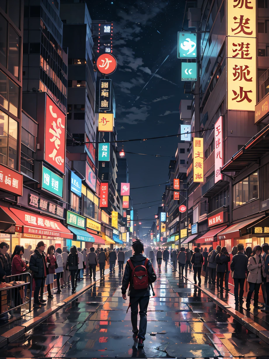 ，巨作, Best quality，8K, 超高分辨率，On a busy street，The protagonist hurries through the crowd。Neon lights outline the cityscape at night，Noisy traffic and pedestrian sounds fill the air。The protagonist struggles，His eyes showed confusion and hesitation，It was as if the way forward had been lost。