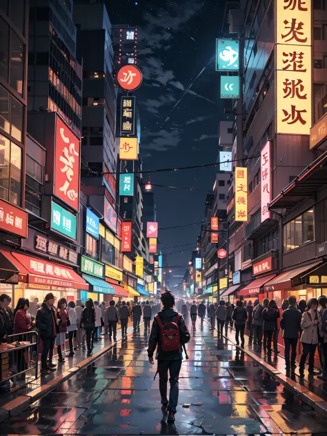 ，巨作, Best quality，8K, 超高分辨率，On a busy street，The protagonist hurries through the crowd。Neon lights outline the cityscape at nigh...