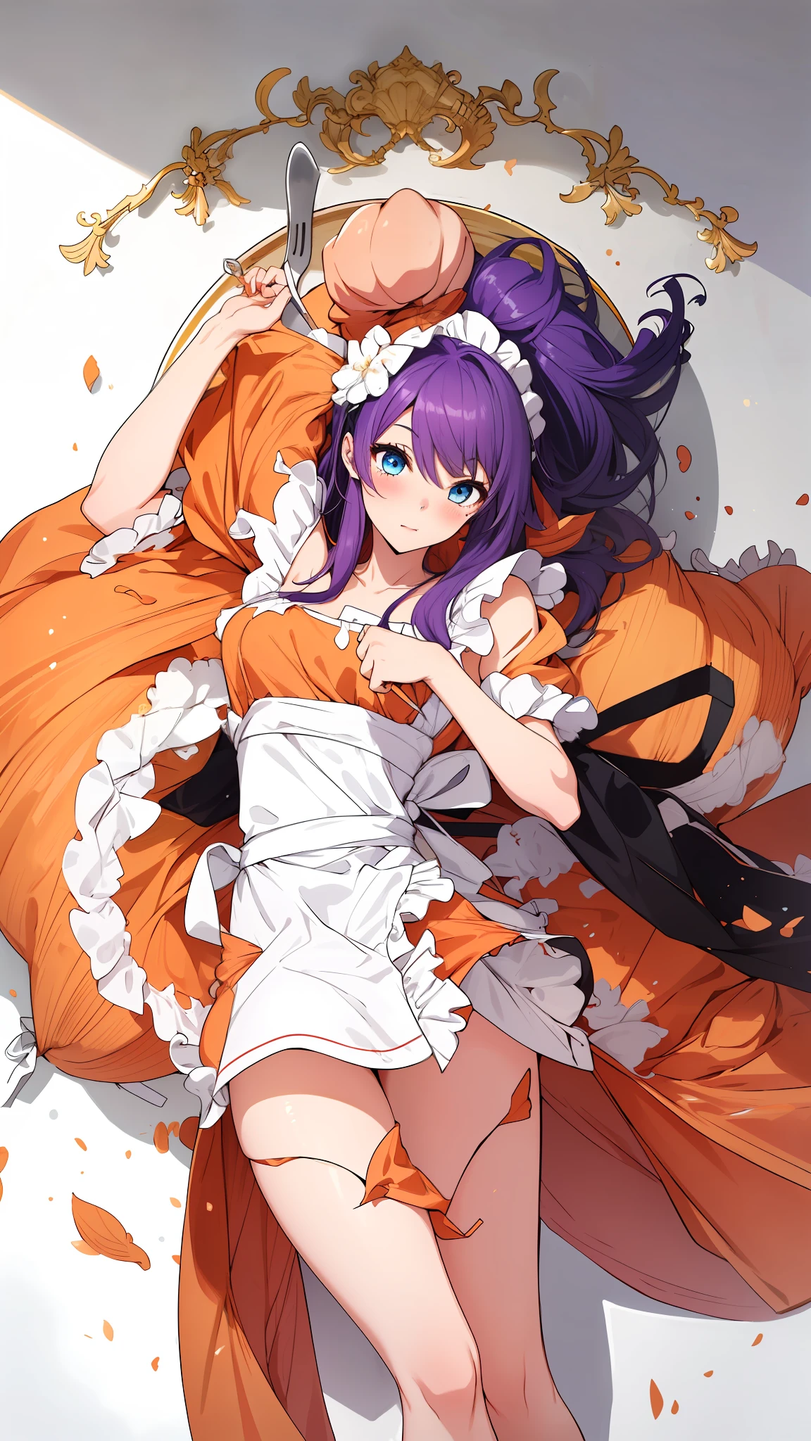 1girl, solo, masterpiece, highest quality, 8k, , kitchen background, naked apron, bare legs, sexy legs, bewitching thighs, blushing slightly, sfw, thick thighs,  facing a turkey on plate half cooked, purple hair, blue eyes, peach skin, black and white apron, naked apron, ahegao expression