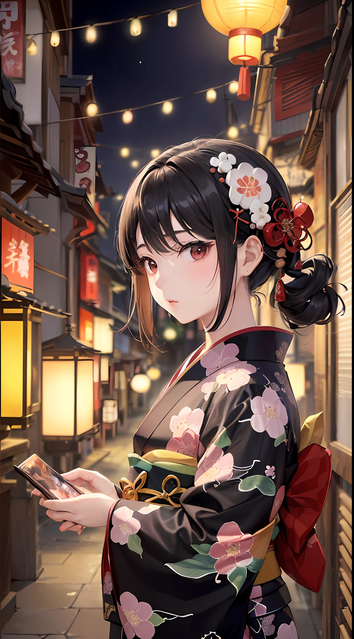 「(8k wallpaper:1.5)、(high-level image quality:1.3)、(ukiyoe painting:1.2)、(Townscape Plum Lanterns Lanterns Alleys Japanese Style:1.1)、(Girl Anime Black Hair Decorative Hair Kimono:1.3)」
