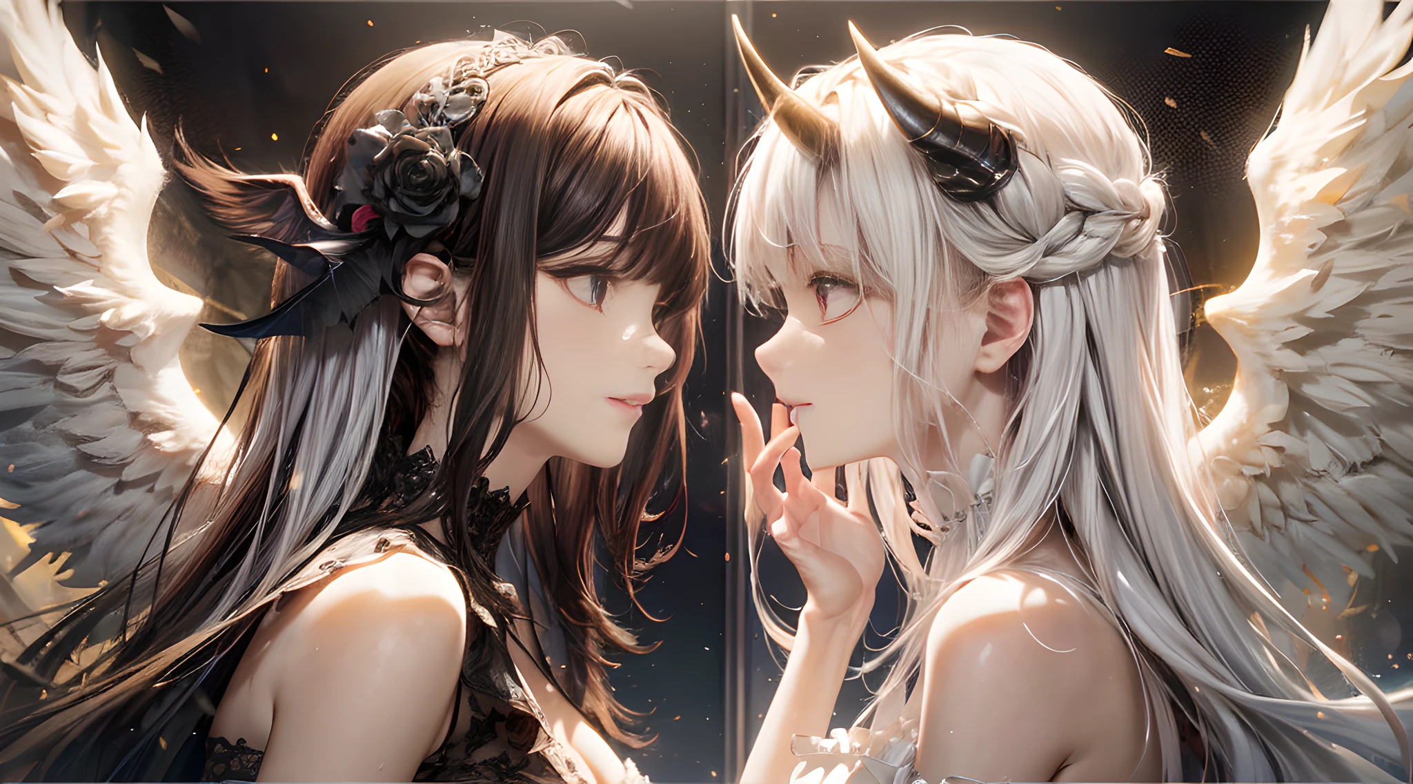（2girls）, （angels and demons）, （twins）, （wings）, （Long silver hair and long black hair）, （Delicate glowing pretty face and delicate dark pretty face）, （Detailed eyes:1.2）（The aperture on the top of the head of the girl on the left and the horn on the top of the head of the girl on the right）, （White holy wings and black demon wings）, Hug together, （enormously detailed:1.3）,Side face to side face， Light smile, Baroque, Abstractionism, Ray tracing, reflective light, blend, stereograms, reference sheet, move chart, projected inset, symetry, Cowboy shot, Caustics, Wide-angle, The ultra -The high-definition, Masterpiece, ccurate, Textured skin, Super detail, High details, High quality, A high resolution, 8k，ultra-definition