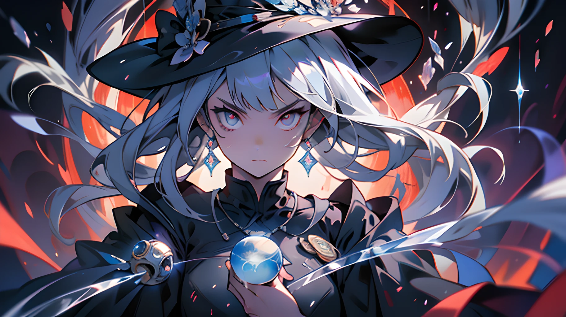 An anime poster featuring a dark magical girl, young and insane beautiful, white medium-long hair, curly hair hanging down, upper body witch robes, delicate witch hat, crystal jewelry and necklace decoration, lean figure, three-dimensional facial features, fierce and fierce eyes, delicate cristal ball staff in left hand, magical spell ball flame glowing in right hand, large number of blue soul surrounding, flowing special effects, red background, art, manga style art, light red and light black, action painting