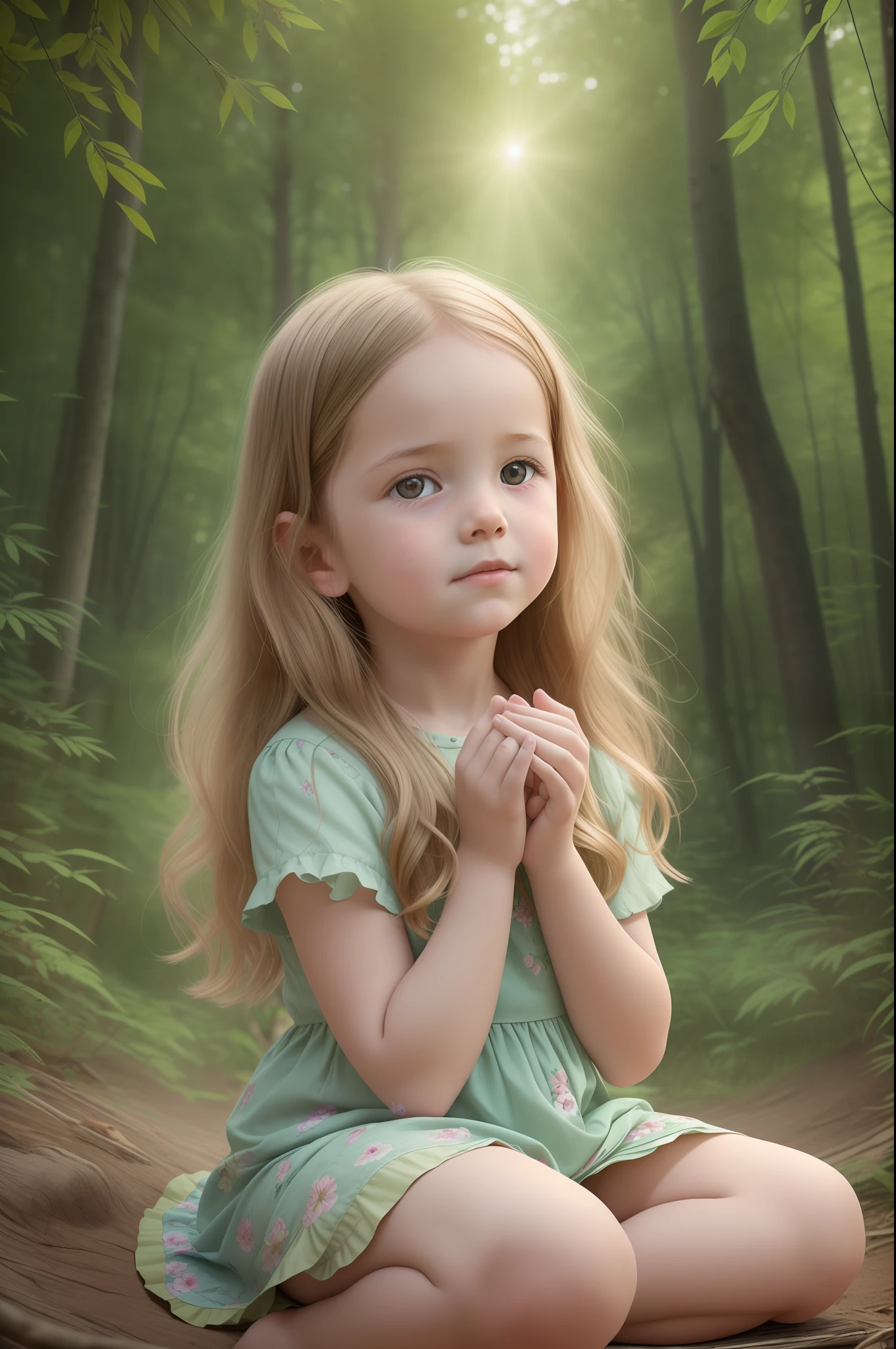 a realistic photograph in 8k, depicting a five-year-old child. The child is chubby, with fair skin, long straight blonde hair that has curls at the ends. They are seated in a wooded forest filled with flowers, in a contemplative pose, facing away from the camera and looking up at the sky, engaged in a conversation with God. The scene is captured with stunning detail, showcasing the child's innocence and connection with the divine. The photograph highlights the child's features, emphasizing their chubby cheeks and bright eyes. The environment is lush and vibrant, with an abundance of trees and colorful flowers surrounding the child. The lighting creates a serene atmosphere, with soft rays of sunlight filtering through the leaves and casting gentle shadows. The image captures a profound moment of introspection and spirituality, as the child engages in a heartfelt dialogue with the divine. The final photograph is presented in 8k resolution, capturing the intricate details of the child's expression and the natural beauty of the forest setting. --auto --s2