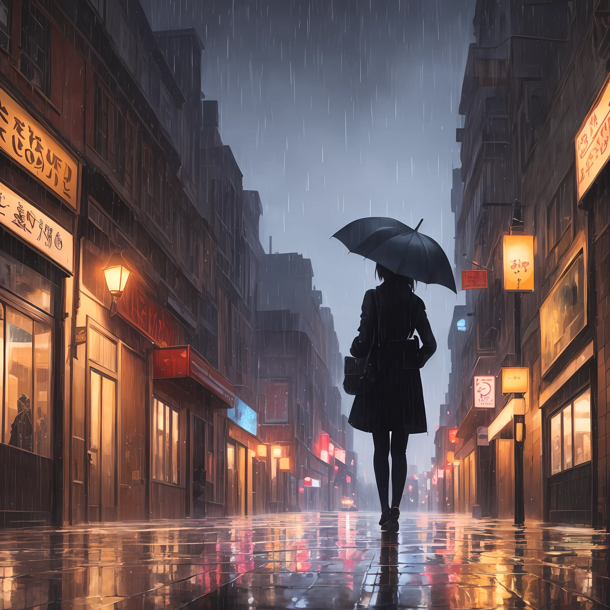 Landscape painting, heavy rain, vinyl umbrella, a woman standing 