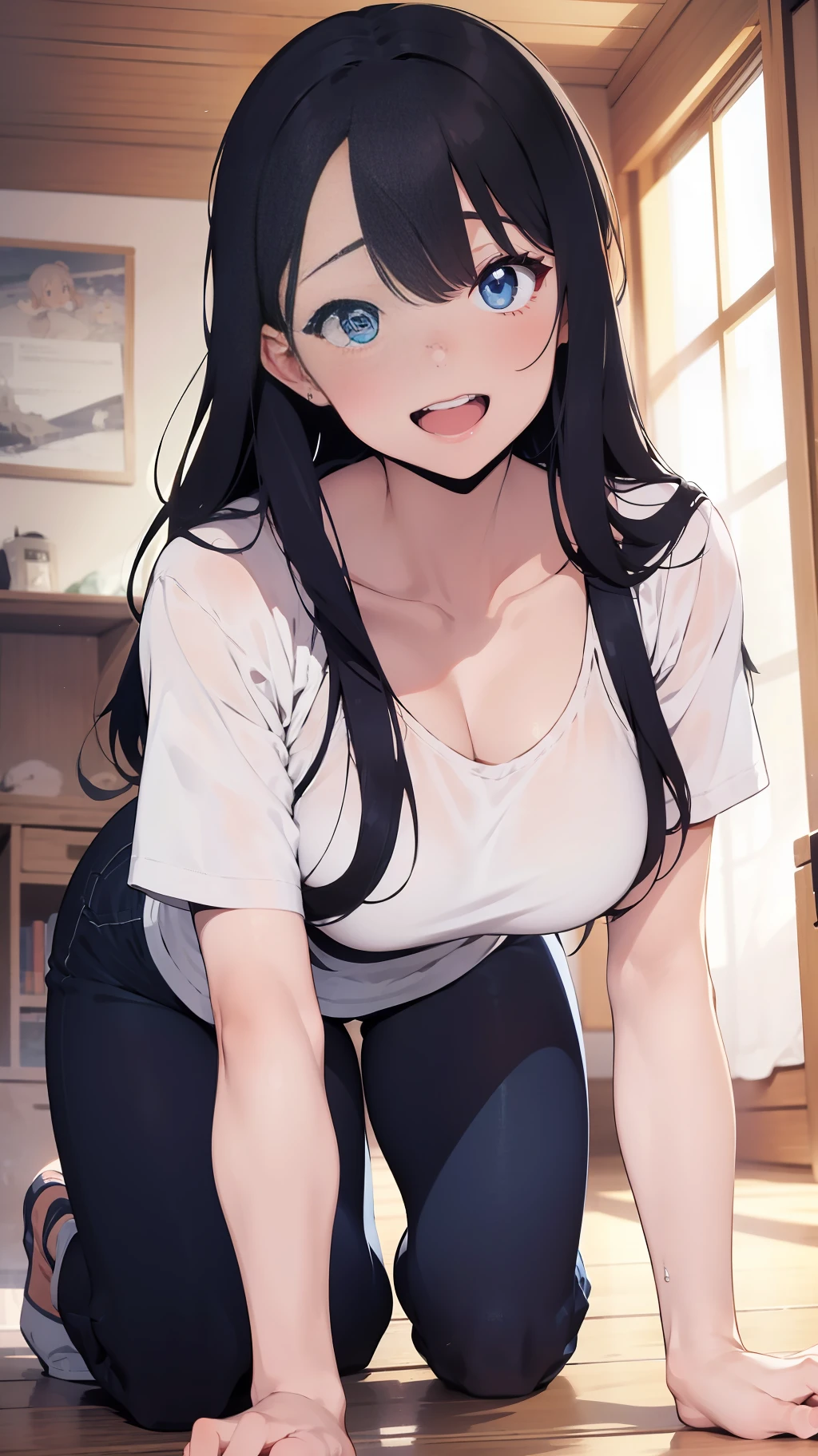 one woman, sexy pose, on all fours, tall of a person,white t-shirt,blue jeans,thin,gleaming skin,beautiful face,sharp eyes,flushed cheeks,laughing,long hair,pony tale, black hair,slender face,indoor,illustration style,anime style,masterpiece, extremely fine and beautiful,illustration,adult woman