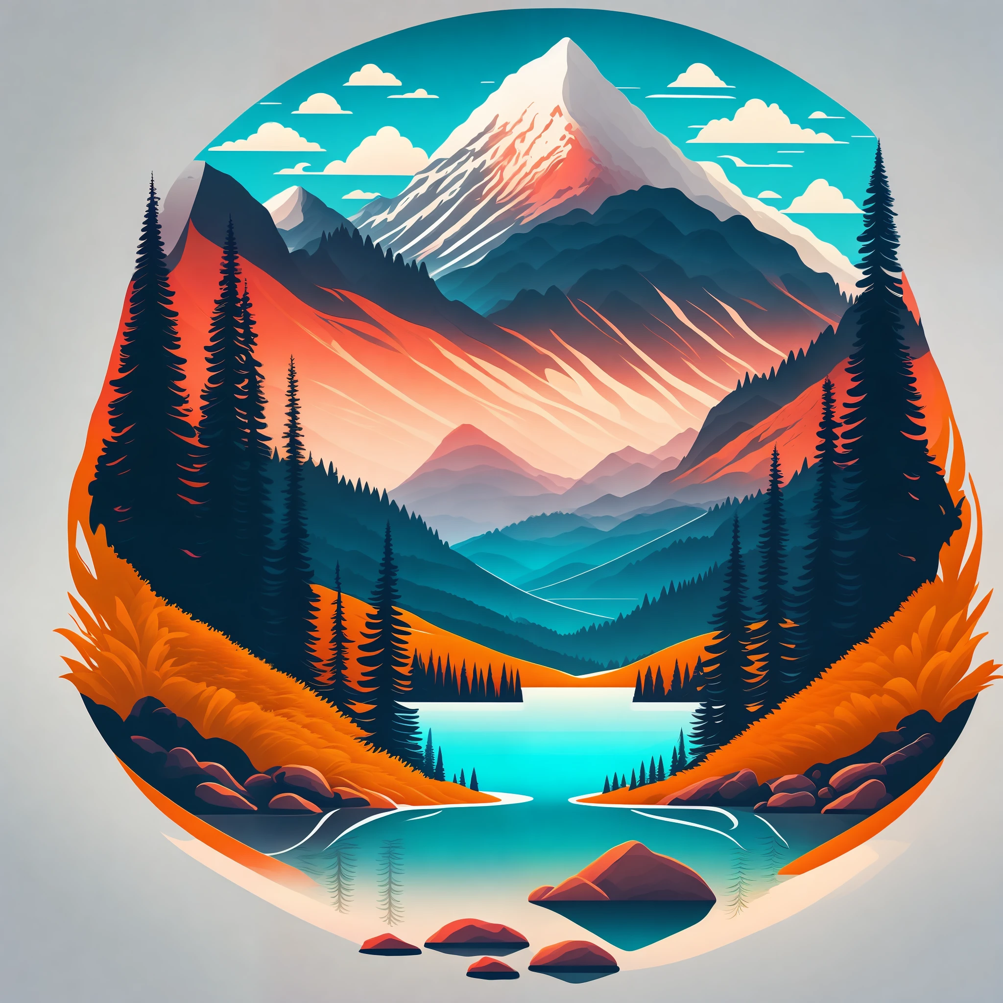 Ein See in einer Berglandschaft, T-Shirt Design, mitten auf der Reise, Vektorgrafiken