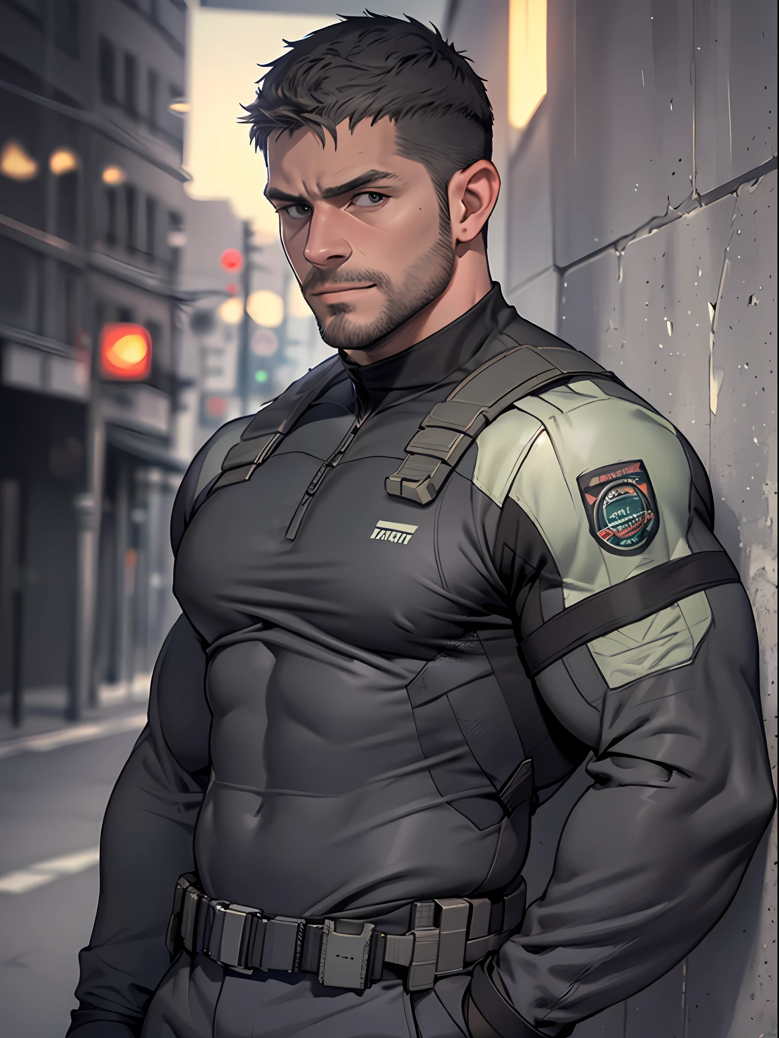 1 man, solo, 35 year old, Chris Redfield, wearing grey T shirt, smirks, black color on the shoulder and a bsaa logo on the shoulder, millitary tactical suit, tall and hunk, biceps, abs, chest, best quality, masterpiece, high resolution:1.2, upper body shot, dark black gloomy hallway in the background, detailed face, shadow, volumetric lighting, upper body shot, low camera angle