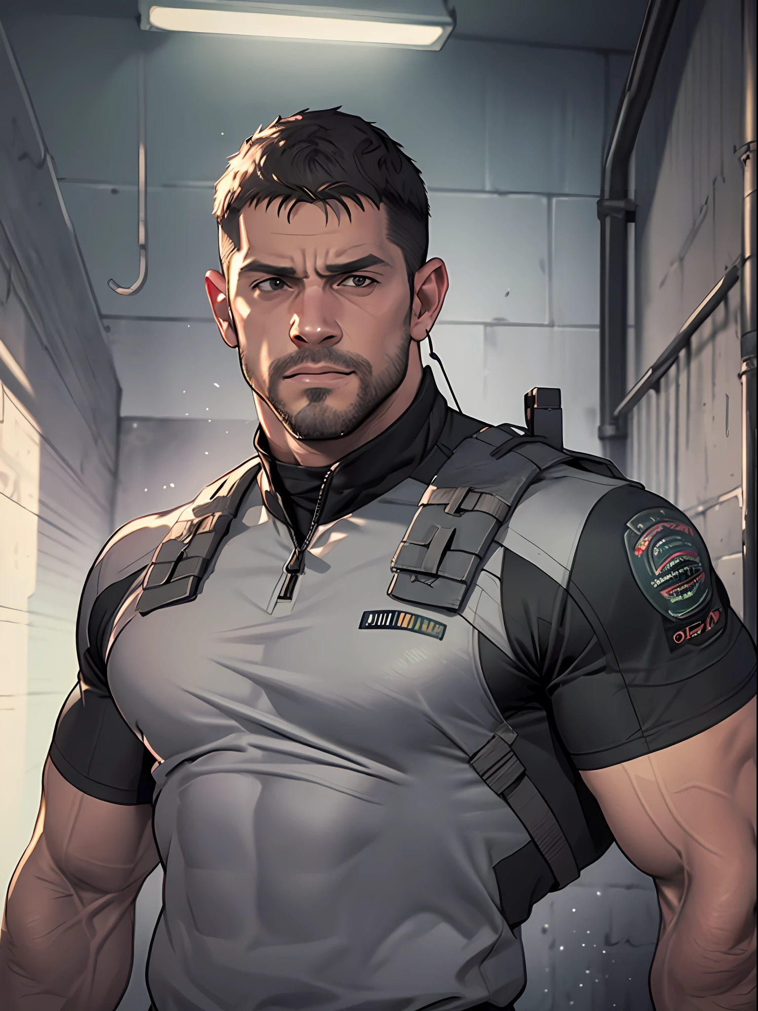 1 man, solo, 35 year old, Chris Redfield, wearing grey T shirt, smirks, black color on the shoulder and a bsaa logo on the shoulder, millitary tactical suit, tall and hunk, biceps, abs, chest, best quality, masterpiece, high resolution:1.2, upper body shot, dark black gloomy hallway in the background, detailed face, shadow, volumetric lighting, center focus, low camera angle