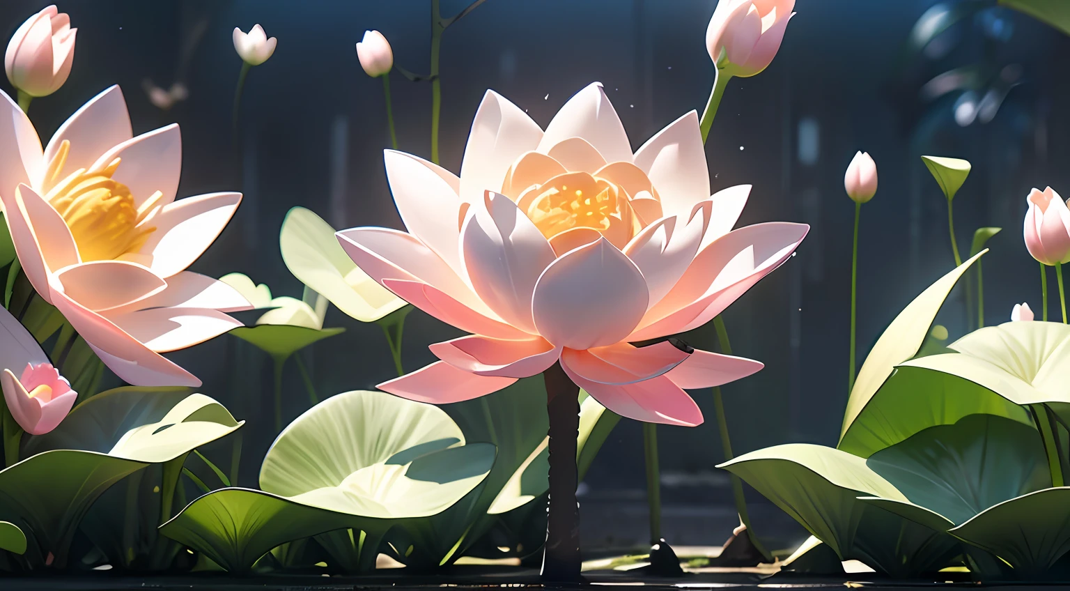 (((Best quality))), ((Ultra-detailed)),((plant illustration)),lotus flower,Inorganic flowers,Mechanical flower，Close-up,Futuristic flowers,,transparent plastic,Dreamy，Emits a shimmering light，cold shades，Metallic glass luster， Glass texture, speeding camera shot, commerciaphotography, Cyberpunk style,Lotus leaves，Lotus flowers in a glass cover