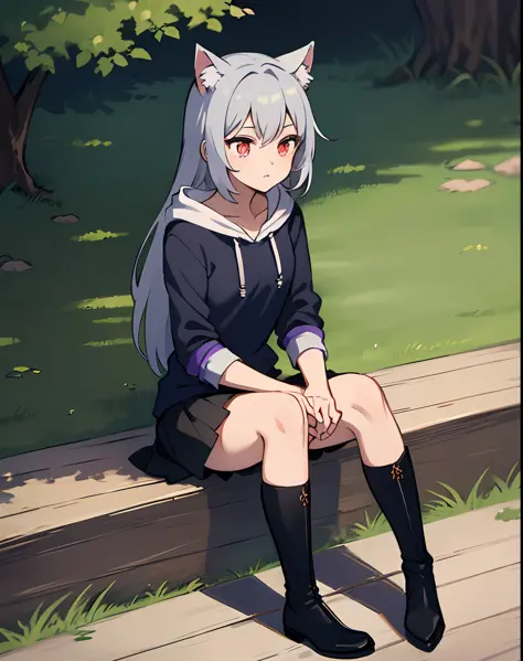 a beautyful girl，height 154 cm，he has long gray hair，wearing cat ear decoration，wearing a triangular hairpin，has light red eyes，...