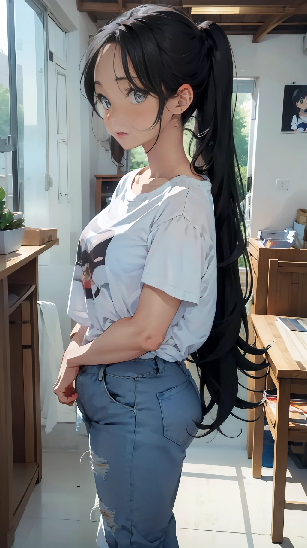 one woman, standing, tall of a person,white t-shirt,blue jeans,thin,gleaming skin,beautiful face,sharp eyes,flushed cheeks,cool,long hair,pony tale, black hair,slender face,indoor,illustration style,anime style,masterpiece, extremely fine and beautiful,illustration,adult woman