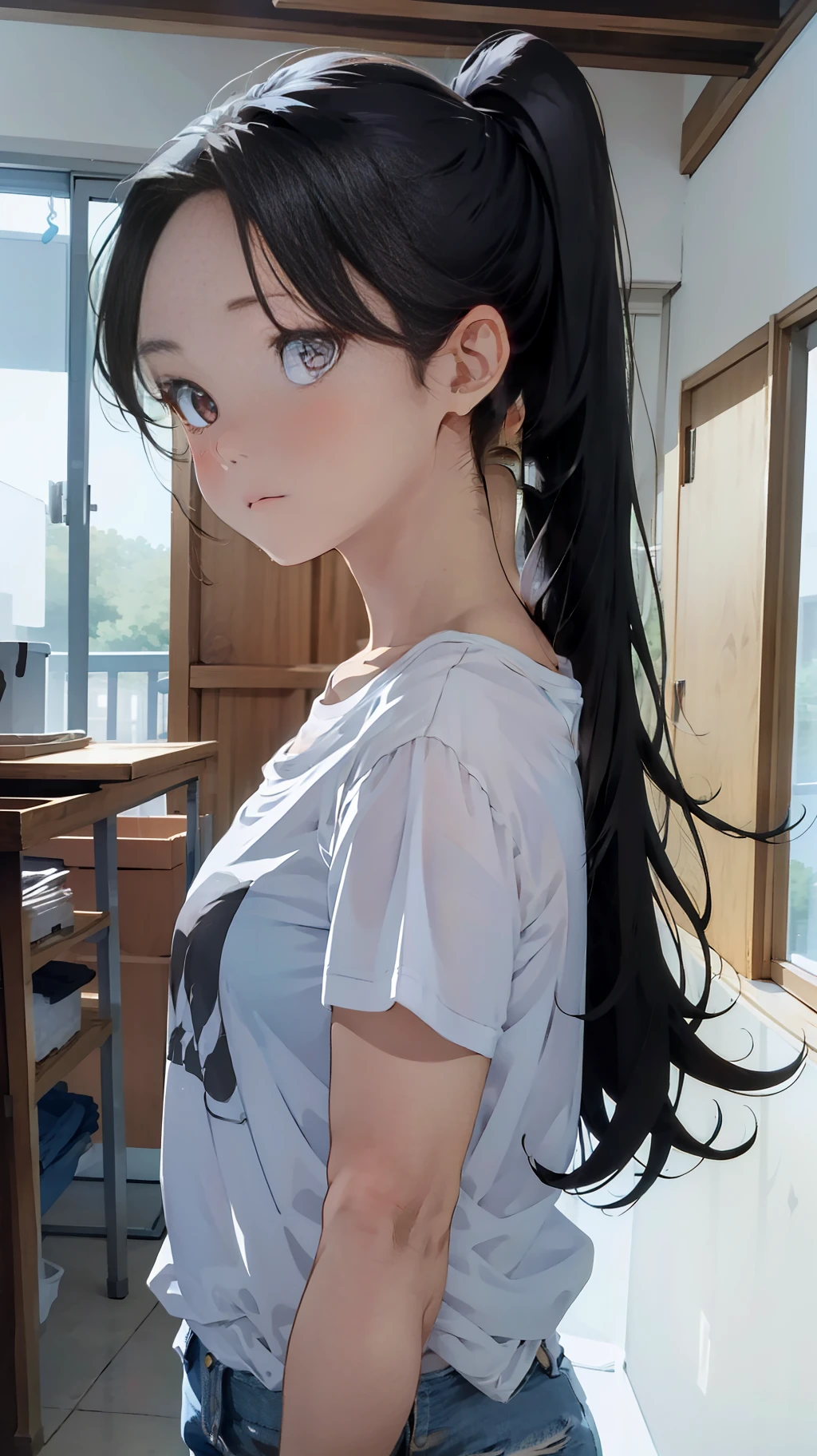one woman, standing, tall of a person,white t-shirt,blue jeans,thin,gleaming skin,beautiful face,sharp eyes,flushed cheeks,cool,long hair,pony tale, black hair,slender face,indoor,illustration style,anime style,masterpiece, extremely fine and beautiful,illustration,adult woman
