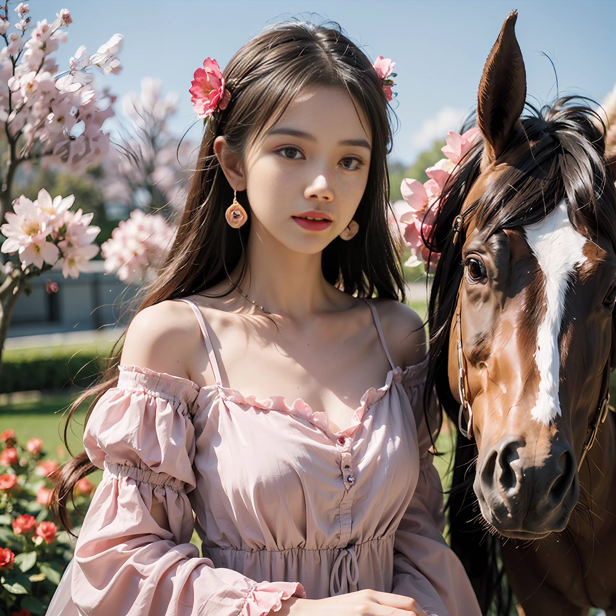 1girl,flower,horse,headdressmadeofflowers,dress,fullofflower,brownhair,realistic,solo,rose,earrings,jewelry,longhair,pinkrose,pinkflower,hairflower,outdoors,blurry,lookingatviewer,pinkdress,day,sky,lips,breasts,blurrybackground,watermark