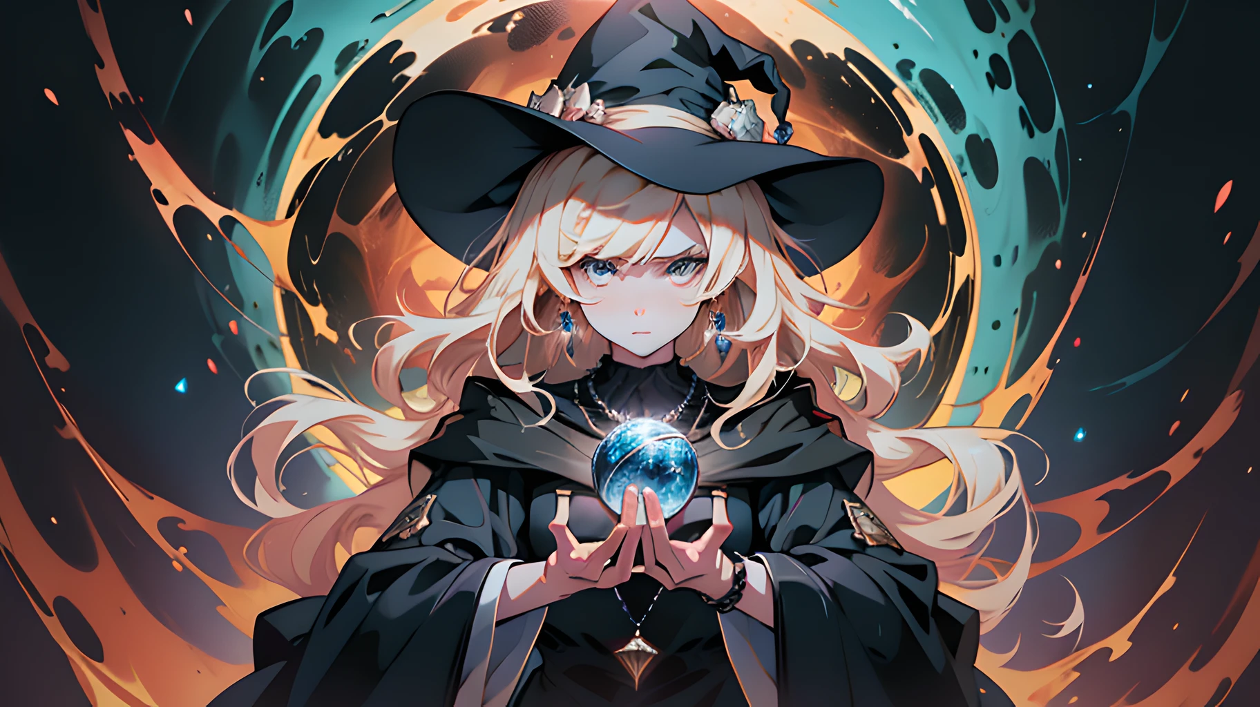 An anime poster featuring a dark magical girl, young and insane beautiful, white medium-long hair, curly hair hanging down, upper body witch robes, delicate witch hat, crystal jewelry and necklace decoration, lean figure, three-dimensional facial features, fierce and fierce eyes, delicate cristal ball staff in left hand, magical spell ball flame glowing in right hand, large number of blue soul surrounding, flowing special effects, red background, art, manga style art, light red and light black, action painting