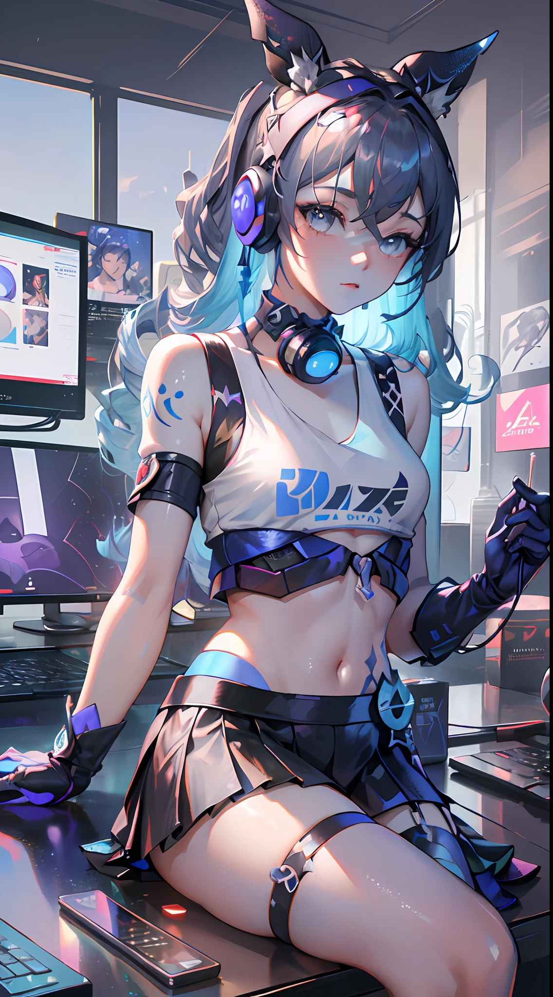 (((((7 avatar shot)))), Silver Wolf, Masterpiece, Best Quality, Ultra Detailed, Extremely Detailed 16k CG Wallpaper, Beautiful Face, (Silver Wolf in Esports Room), (Perfect Beautiful Curved Figure), Seated, Rainbow Color Jewel Eyes, Wearing Resin Hologram Sports Bra, Crop Top Drape, Mini Pleated Skirt, Bell Collar, Logo, Impotence, Contour Light, Concert, Neon Sign, Audio, Bell Collar, Esports Headset, Computer, Esports Room, Play Games, White Interior Through Red Skin, holographic projection, flat sphere, graffiti logo, highly detailed tattoo_,
Authoring information