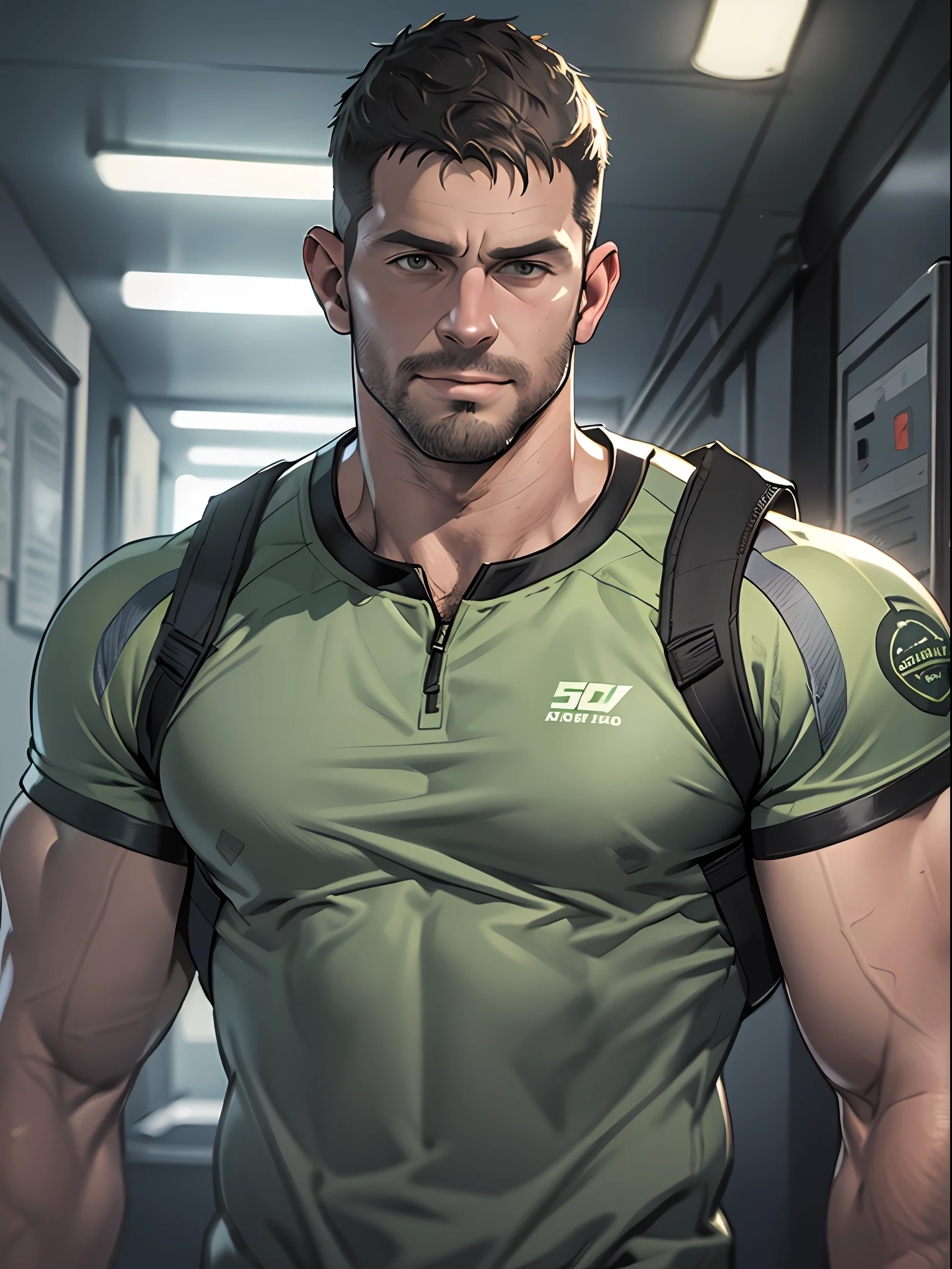 1 man, solo, 35 year old, Chris Redfield, wearing grey T shirt, smirks, green color on the shoulder and a bsaa logo on the shoulder, smirks, millitary tactical suit, tall and hunk, biceps, abs, chest, best quality, masterpiece, high resolution:1.2, upper body shot, dark black gloomy hallway in the background, detailed face, shadow, volumetric lighting, upper body shot, low camera angle