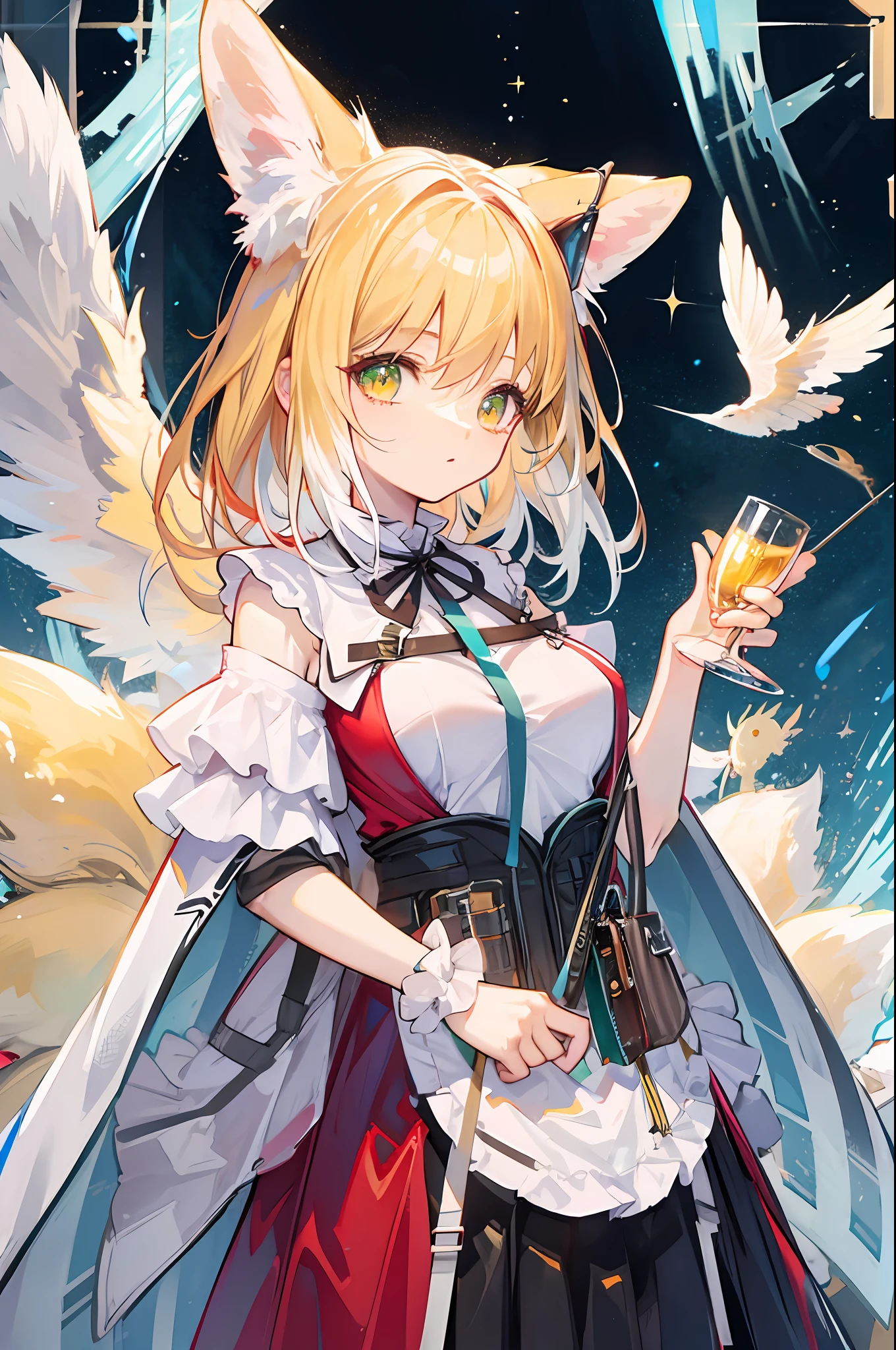 Best picture quality，magnifica，touhou character，Eastern Project，western，Red pleated dress with short white sleeves，Yellow neckline，Wings with colored crystals，Yellow hair，Delicate skin，Lori huge breasts cleavage，