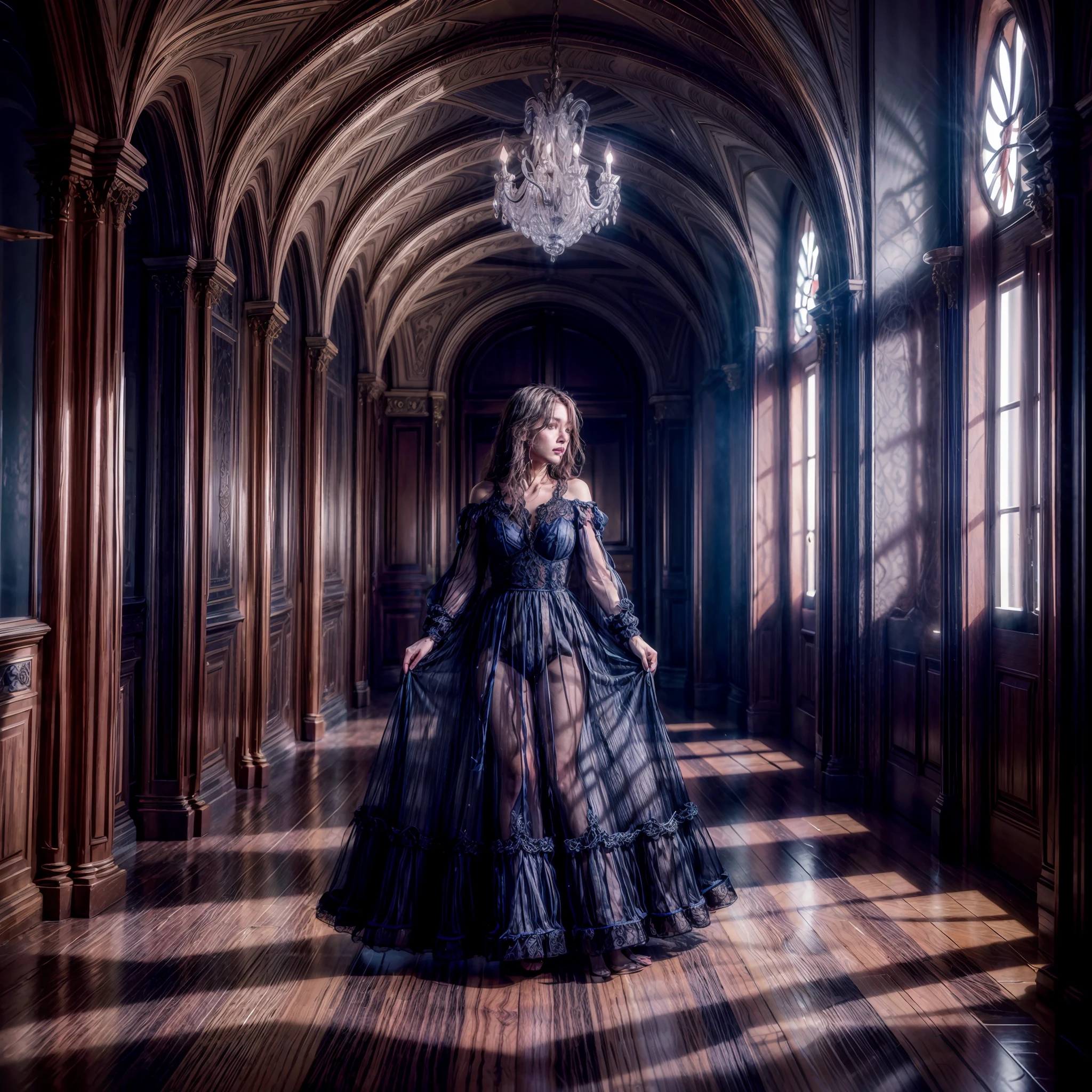 (RAW photo), highest quality, 8k wallpapers, (photo realism: 1.4), (high resolution), super detailed, (realism: 1.2), (best quality: 1.3), Beautiful thick woman wearing an eligant soft blue gown, walks down an isle of a 1700 century castle, poorly lit, soft light, backlit, micro-details, photorealism, photorealistic, cinematic light, cinematic, beautiful girls,