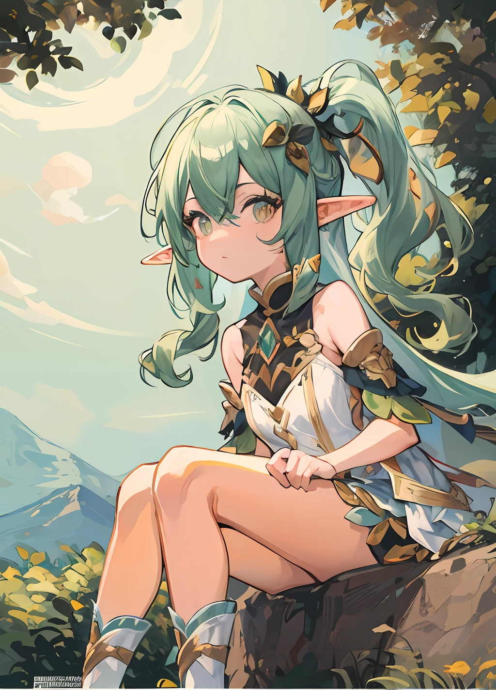 Anime girl sitting on rock，The background is a mountain, Elf Girl, alluring elf princess knight, portrait of an elf, Elf Princess, she has elf ears and gold eyes, An elf queen, portrait of an elf, elf girl wearing an flower suit, Portrait Chevaliers du Zodiaque Fille, Detailed digital anime art, trending on artstation pixiv --auto