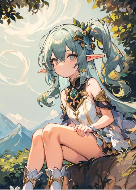 Anime girl sitting on rock，The background is a mountain, Elf Girl, alluring elf princess knight, portrait of an elf, Elf Princes...