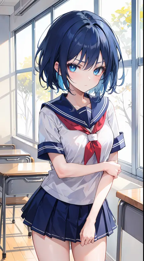 A girl, dark blue hair and bright blue eyes, short hair, be in class, wearing a high school uniform, cute, no expression, badass