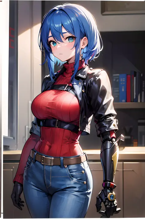 tmasterpiece，high high quality，1girll，solo，mideum breasts，Short blue hair，greeneyes，（hair between eye），（00BFFE sprite scissors），Left arm，Left-handed robotic arm，Disappointed face，（Black jacke，Black cropped flared jeans，Leather blazer）