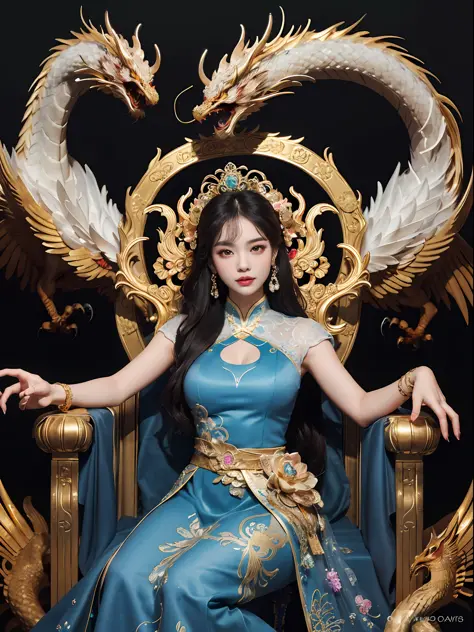 A Chinese girl sitting on a throne, a throne encrusted with precious stones, surrounded by Chinese phoenix beasts, gold and ruby...