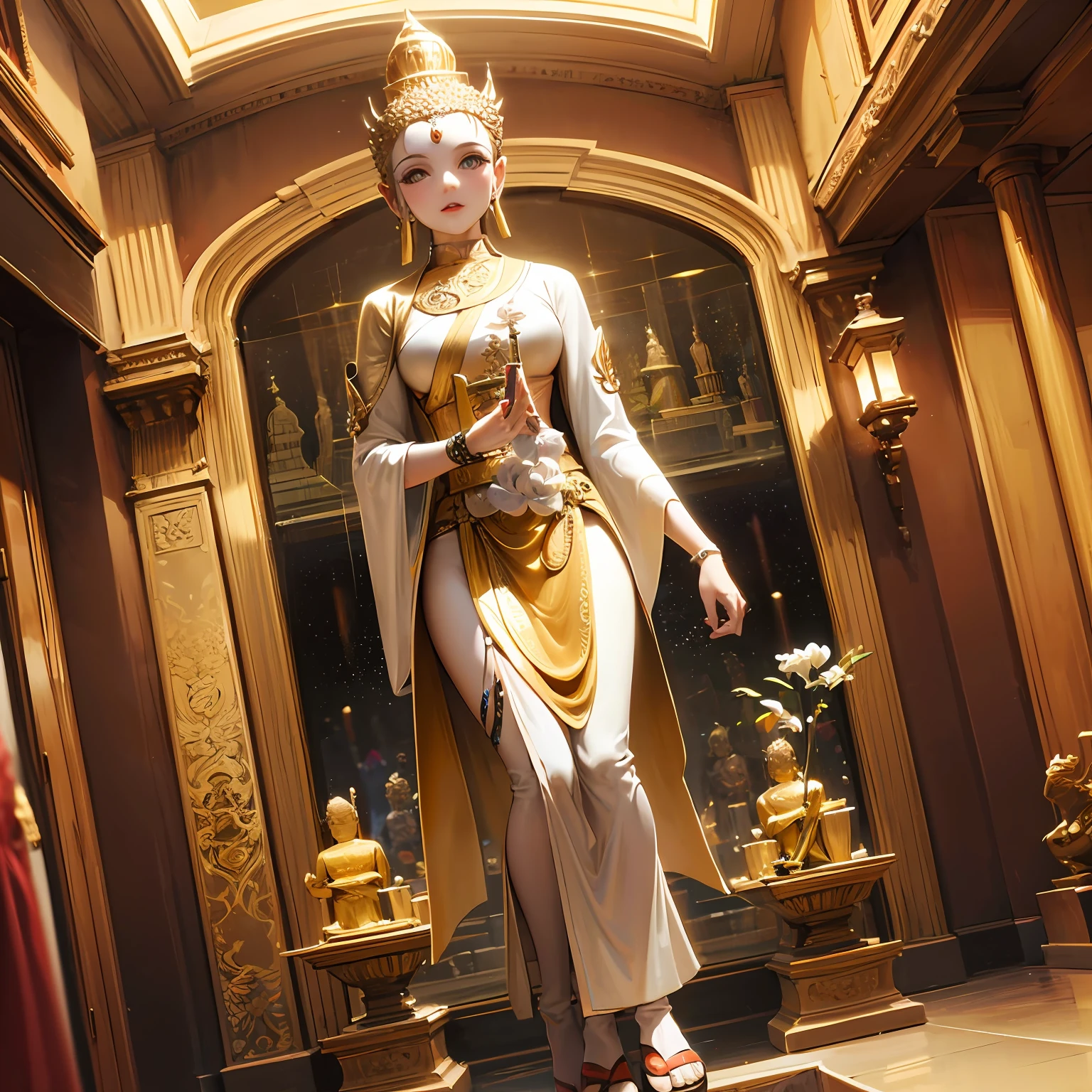 there is a статуя of a golden Snake on top of a building, a Buddhist Будда, снято на сони альфа 9, снято на камеру sony a7r, a статуя, Фотография сделана на Sony A7R., Будда, Фотография сделана на камеру Sony a7R., снято на сигму 2 0 мм f 1. 4, Красивое изображение, тайский храм, статуя, темный Млечный Путь на заднем плане, стоять, сюрреализм, кинематографическое освещение, Божий свет, подсветка, Текстурированная кожа, супер деталь