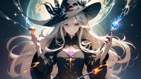 an anime poster featuring a dark magical girl, ((front view face)), ((young and insane beautiful)), white medium-long hair, curl...