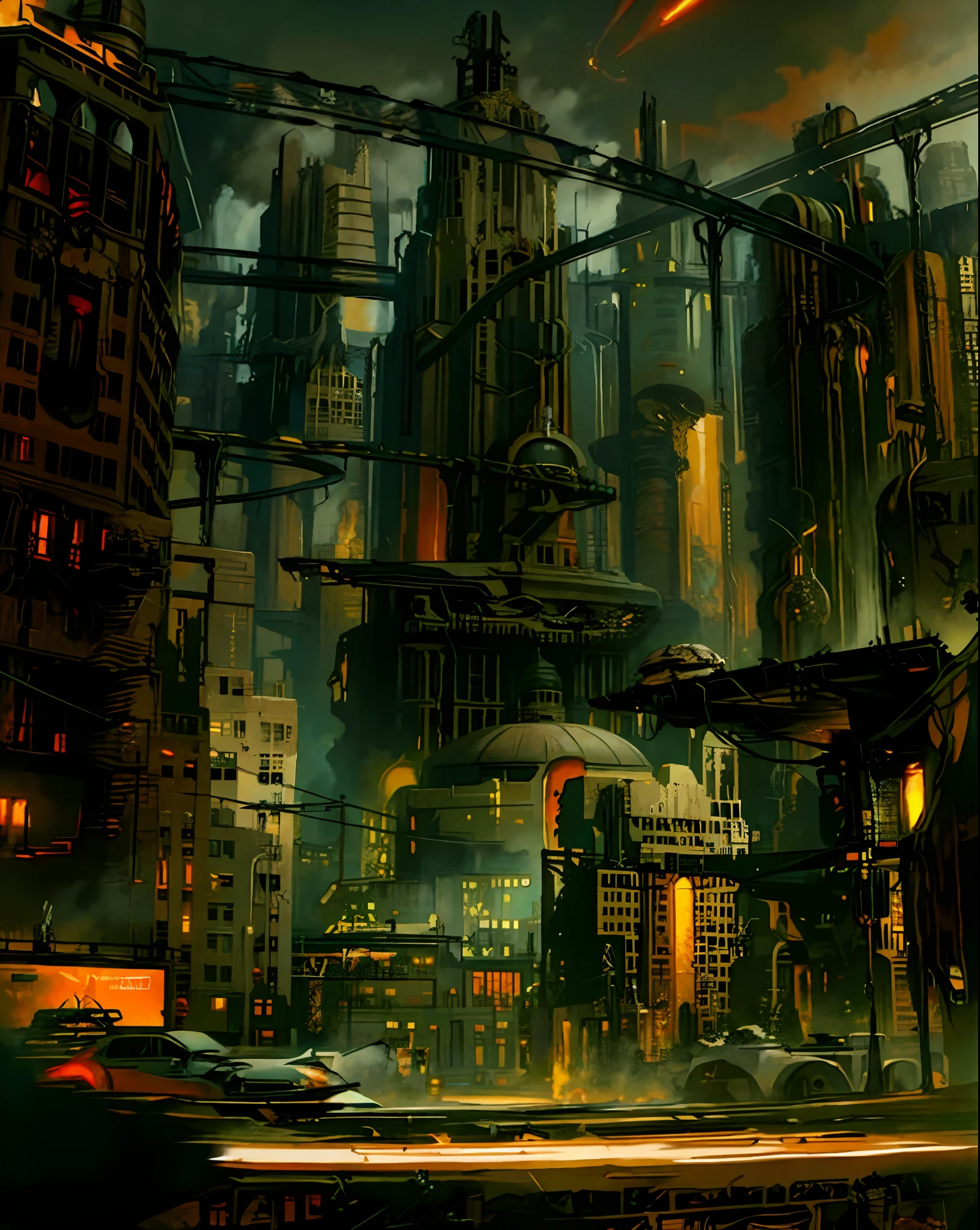 Pós-apocalíptico, Cidade Futurista Retrô, Paisagem de Wartorn. (destruição), (crateras), (Buracos de concha). Configuração Diesel Punk, Assombroso devastado pela guerra, Pintura a óleo, Jakub Różalski, PIXIV, estação de arte.