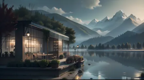 ((Twilight,))Small café in the heart of the big city.,It's cold but warm.,Fog,master-piece,High Quality,10,(bestquality:1.0),Surrounded by mountains and lakes,(glasshouse)