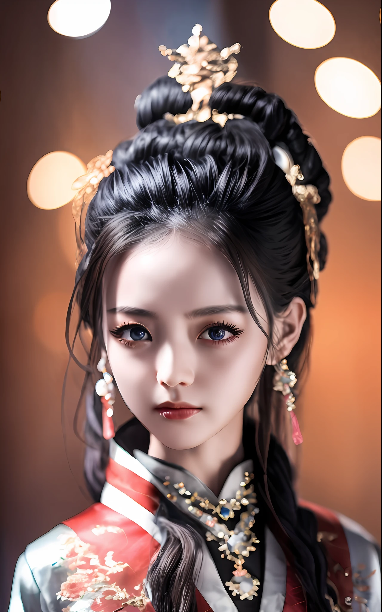 hbest quality，Masterpiece level martial arts style 1girl，Pretty face，With a flattering smile，Star-shaped pupils shine，Wearing exquisite Hanfu，He wears a sumptuous hair ornament on his head、Necklaces and jewelry，The details are heartwarming（highdetailskin：1.2）；Photo from her upon_body to go，After the treatment of the Tyndall effect，Realistic display of beauty，The Dark Studio offers eye-catching edge lighting and two-tone lighting，Digital SLR camera is adopted、gentle illumination、Volumetriclighting，8k ultra high definition、High-quality materials make photos come alive and realistic，Present high resolution、4k、8k、Effects such as bokeh，More high quality。
