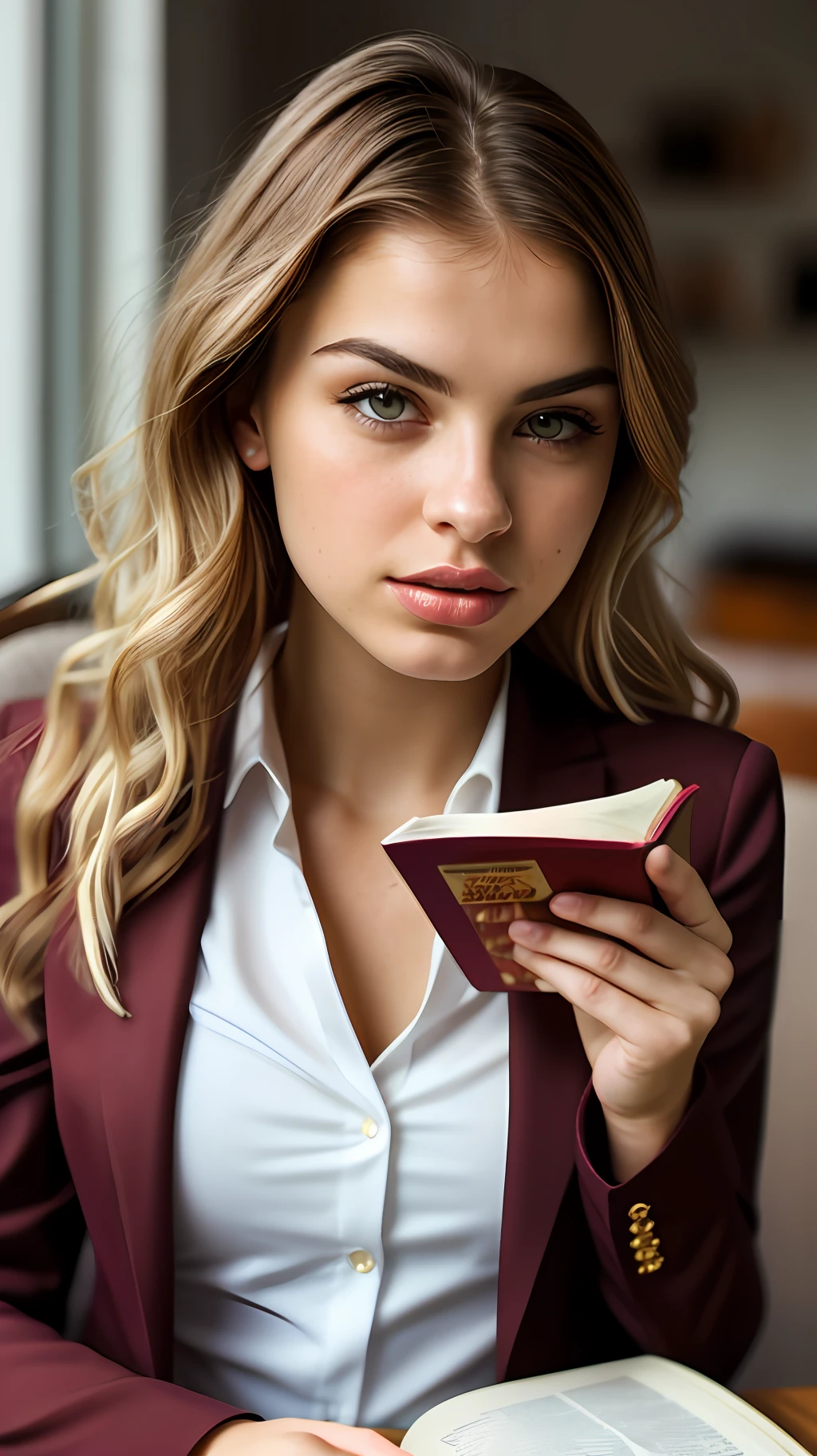 (sharp focus:1.2), photo, beautiful young woman, 23 years old, (pretty face:1.1), detailed eyes, lush lips, (cat makeup:0.85), (wavy hair), (long, blonde hair), (female light skin), wearing (a burgundy suit) young woman sitting on a chair reading a book, reading magazine, smart woman, home office, Jovana Rikalo, young businesswoman, (moody lighting: 1.2), depth of field, bokeh , 8K, photorealistic, super detailed