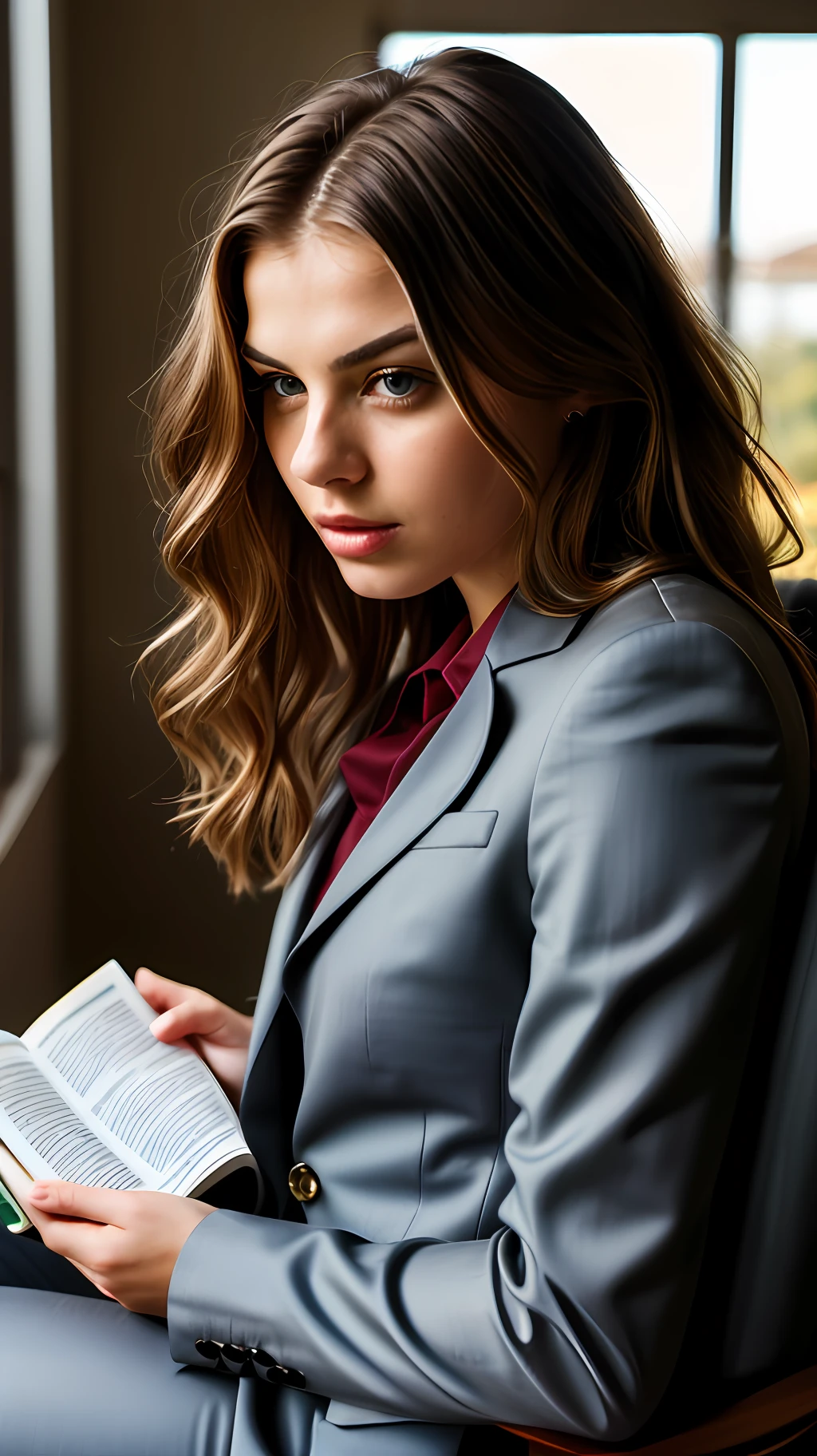 (sharp focus:1.2), photo, beautiful young woman, 23 years old, (pretty face:1.1), detailed eyes, lush lips, (cat makeup:0.85), (wavy hair), (long, blonde hair), (female light skin), wearing (a burgundy suit) young woman sitting on a chair reading a book, reading magazine, smart woman, home office, Jovana Rikalo, young businesswoman, (moody lighting: 1.2), depth of field, bokeh , 8K, photorealistic, super detailed