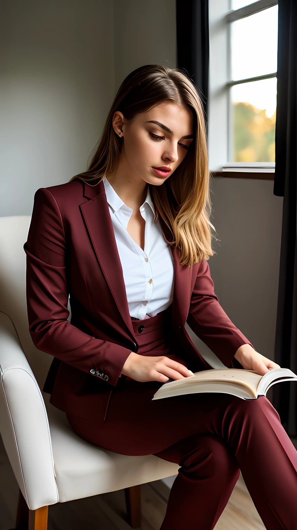 (sharp focus:1.2), photo, beautiful young woman, 23 years old, (pretty face:1.1), detailed eyes, lush lips, (cat makeup:0.85), (wavy hair), (long, blonde hair), (female light skin), wearing (a burgundy suit) young woman sitting on a chair reading a book, reading magazine, smart woman, home office, Jovana Rikalo, young businesswoman, (moody lighting: 1.2), depth of field, bokeh , 8K, photorealistic, super detailed