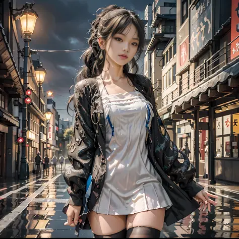araffe asian woman in a short dress and jacket walking down a street, cyberpunk anime girl, trending on cgstation, female cyberp...
