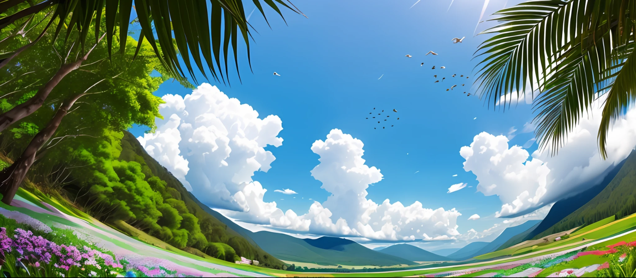 a landscape of mountains, forests and fields. blue sky with few clouds. birds, flowers, petalas, animals and pollute around the environment, White background