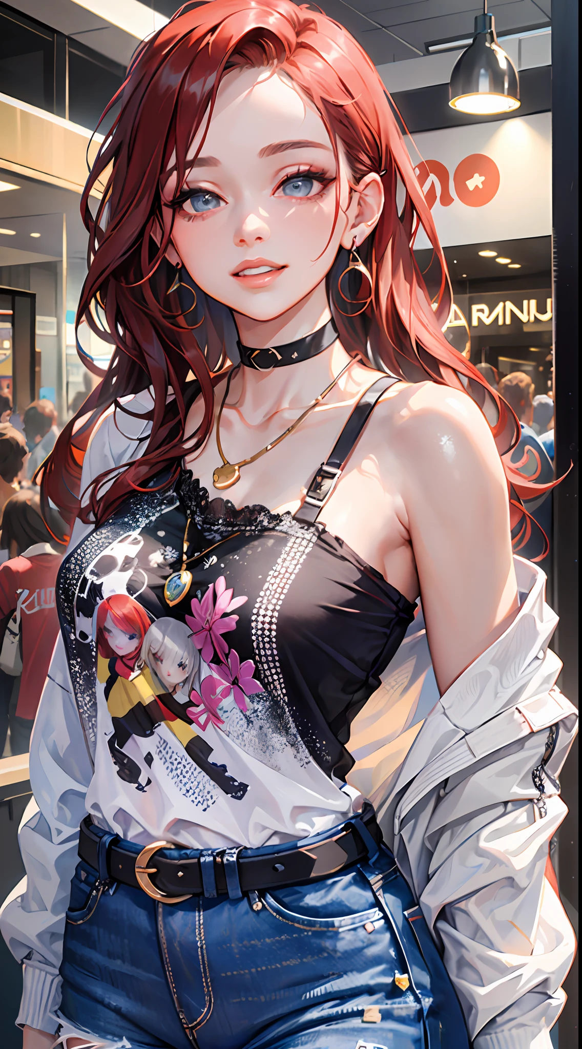 (masterpiece:1.2), (best quality:1.2), perfect eyes, perfect face, perfect lighting, 1girl, mature female, smiling, long red hair, straight hair, sophisticated haircut, stylish, single bare shoulder shirt long, music band print, jewelry, necklace, earrings, armlets, lacey choker, belt, low cut black jeans, thick eyelashes, makeup, eyeshadow, detailed mall background, crowd