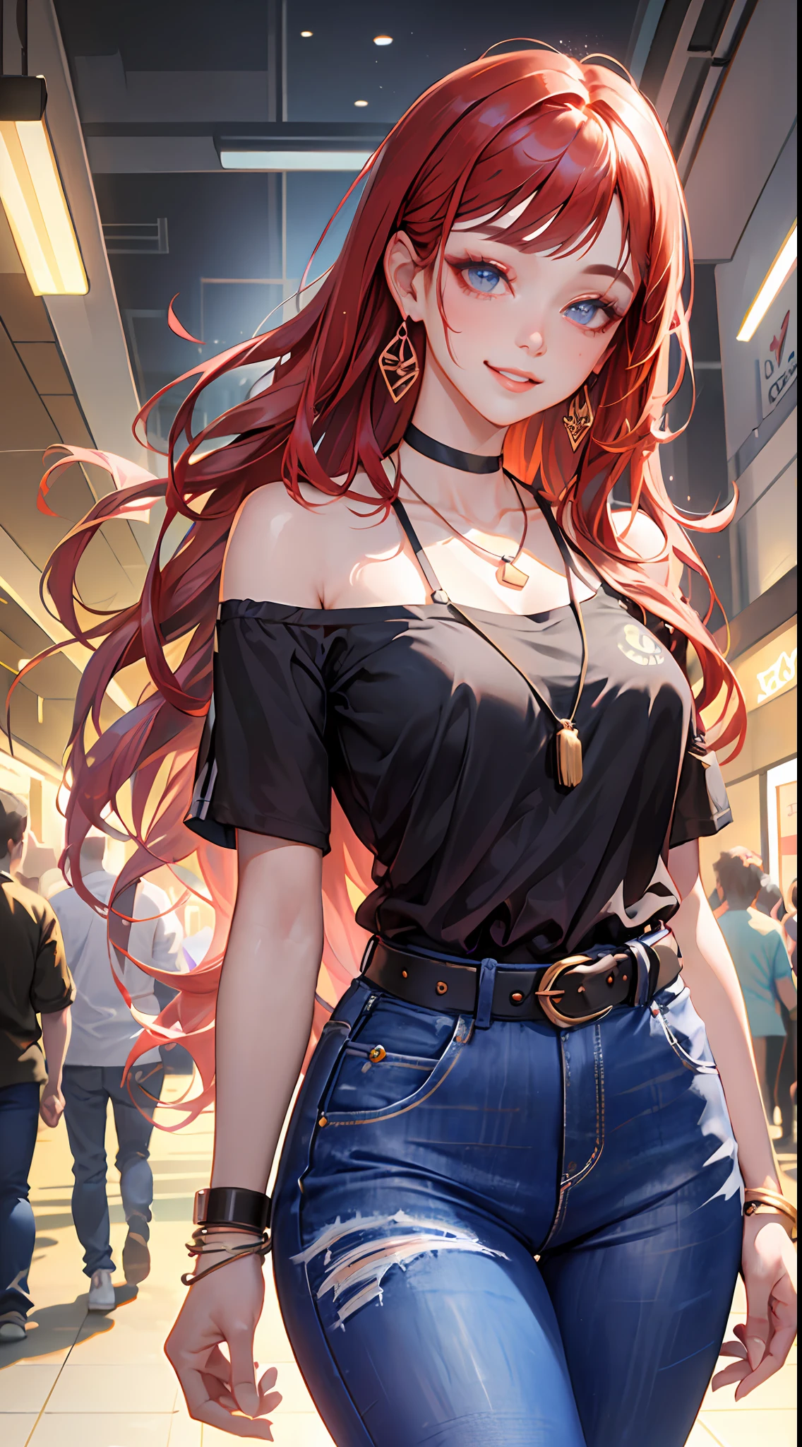 (masterpiece:1.2), (best quality:1.2), perfect eyes, perfect face, perfect lighting, 1girl, mature female, smiling, long red hair, straight hair, sophisticated haircut, stylish, single bare shoulder shirt long, music band print, jewelry, necklace, earrings, armlets, lacey choker, belt, low cut black jeans, thick eyelashes, makeup, eyeshadow, detailed mall background, crowd