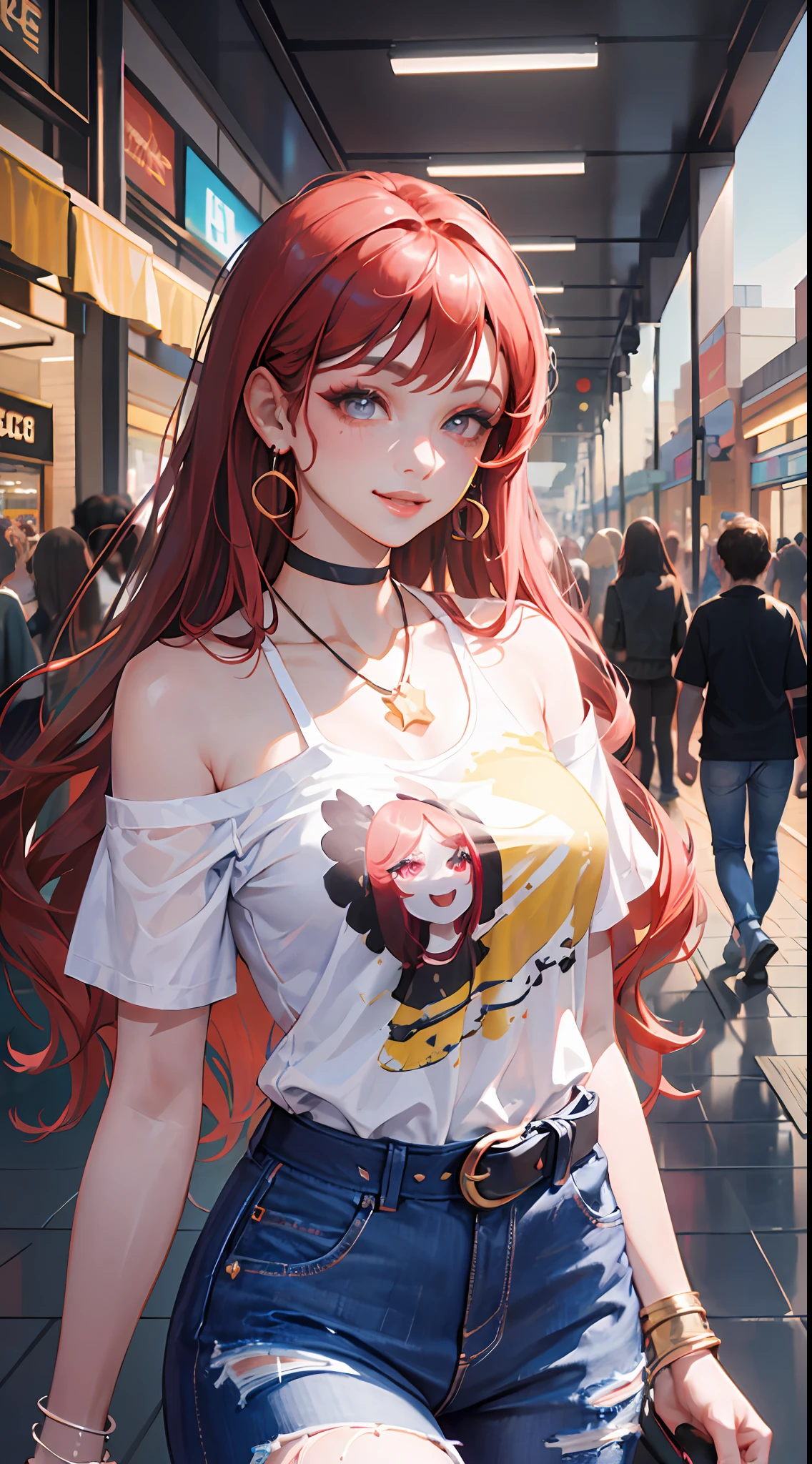 (masterpiece:1.2), (best quality:1.2), perfect eyes, perfect face, perfect lighting, 1girl, mature female, smiling, long red hair, straight hair, sophisticated haircut, stylish, single bare shoulder shirt long, music band print, jewelry, necklace, earrings, armlets, lacey choker, belt, low cut black jeans, thick eyelashes, makeup, eyeshadow, detailed mall background, crowd