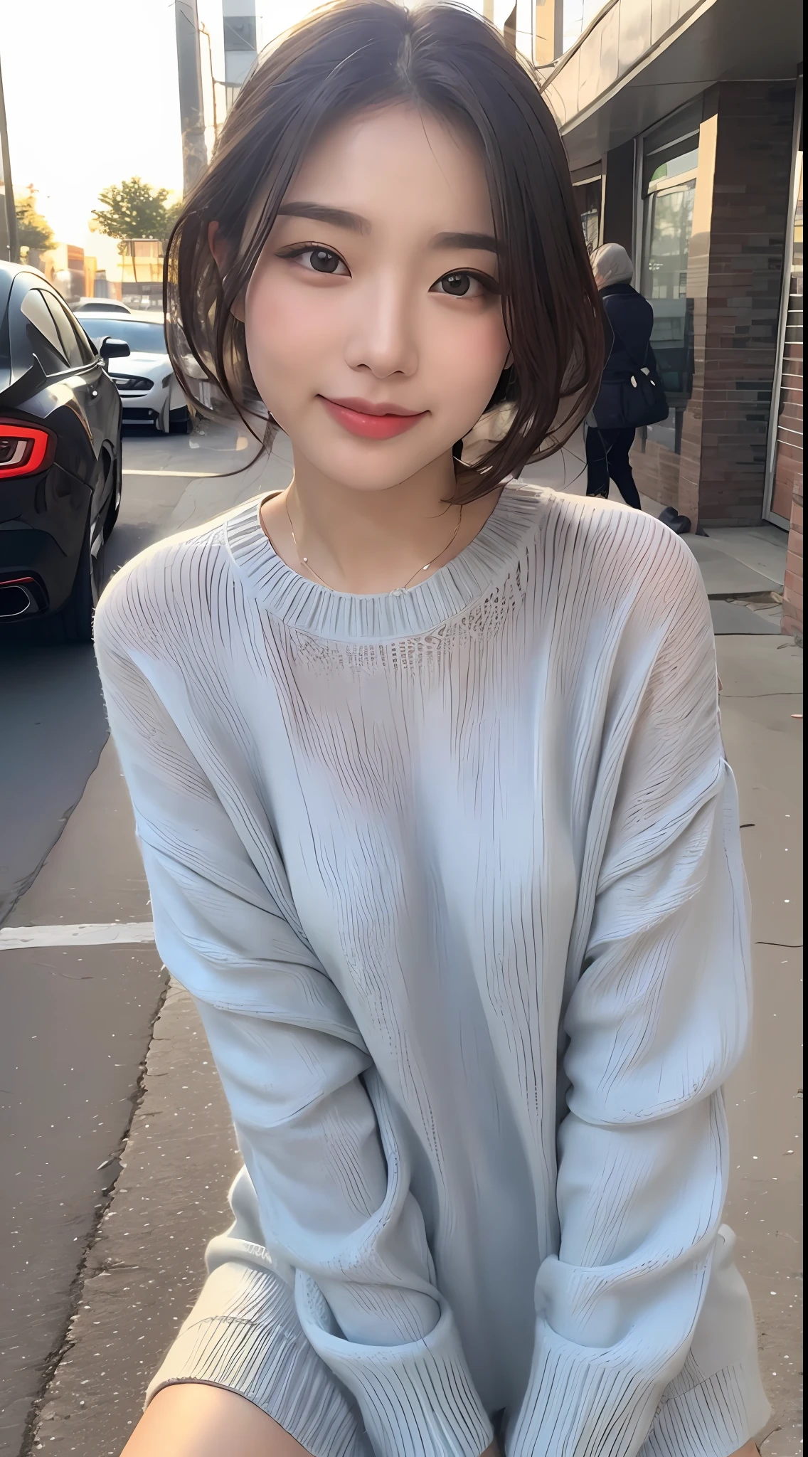 ((best qualtiy, 8k, tmasterpiece:1.3)), Focus:1.2, perfect figure beautiful woman:1.4,(（Exquisite Hair)), (sweaterdress:1.1) , (Sports car, street: 1.2), Highly detailed facial and skin texture, 詳細な目, 二重まぶた，Whiten skin，hugetits，ssmile，Sit on the man's head