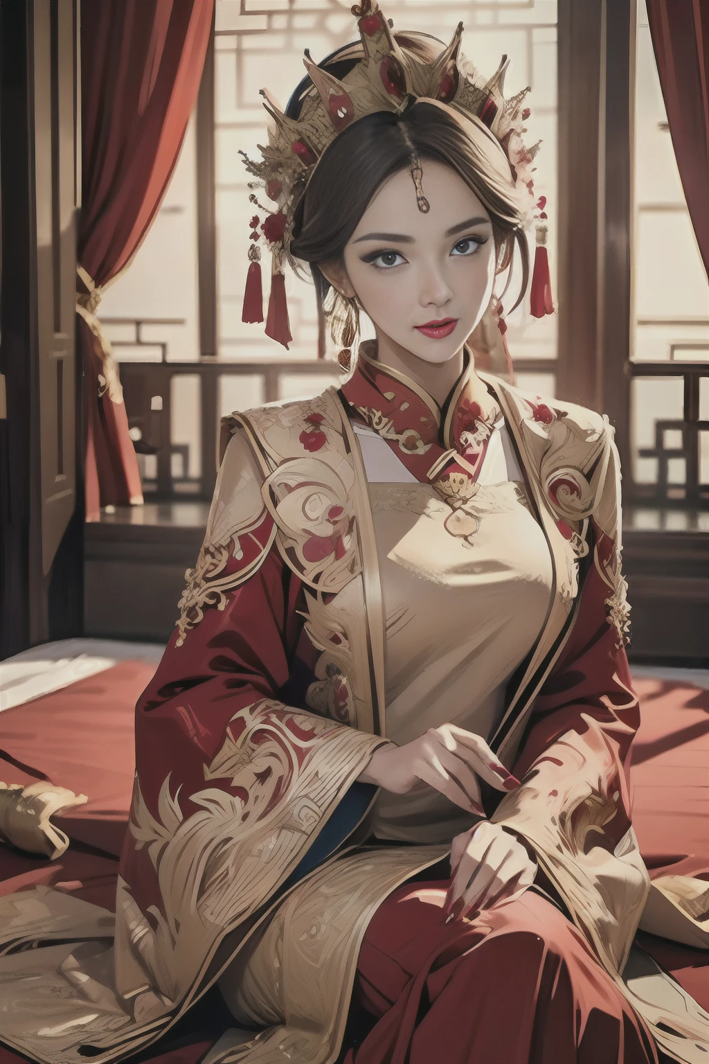 (ultra realistic 8k CG:1.2),perfect artwork,delicate pattern,intricate detail, (unparalleled masterpiece,best quality:1.2),(extremely intricate:1.2),a woman in a red and gold dress, Phoenix crown,hair stick,(sitting on red bed),Cosmetic,blush,shy,black_hair, looking down, Cosmetic,(forehead dot),(2 red candles), chinese_clothes, curtains, earrings, hair_ornament, hanfu, indoors, jewelry, red nails, long_sleeves, red dress, red lips, tassel, (Red quilt),(red palace:1.2),(ancient Chinese architecture),(red:1.8),night,cinamtic lighting,dark,